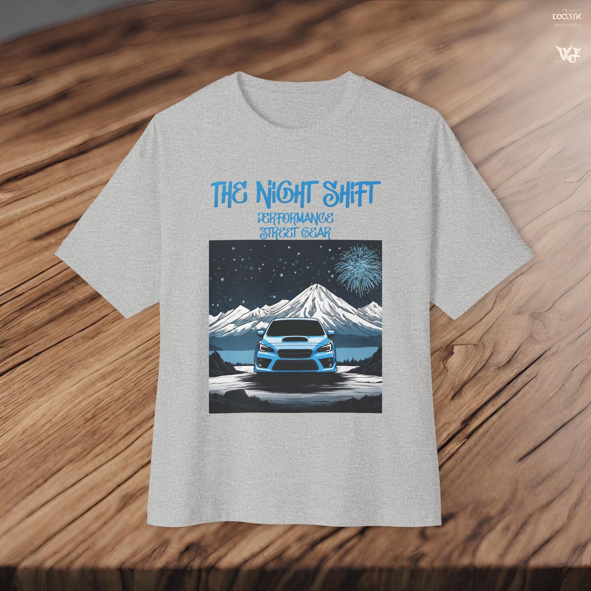 Subaru WRX Fireworks In The Mountains-Premium, Ultra Soft Unisex Oversized Boxy Tee Printify by The Night Shift Automotive Apparel