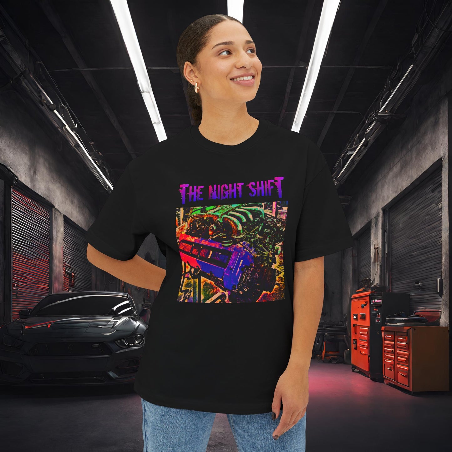 VH45DE Synthwave-Premium, Ultra Soft Unisex Oversized Boxy Tee Printify by The Night Shift Automotive Apparel