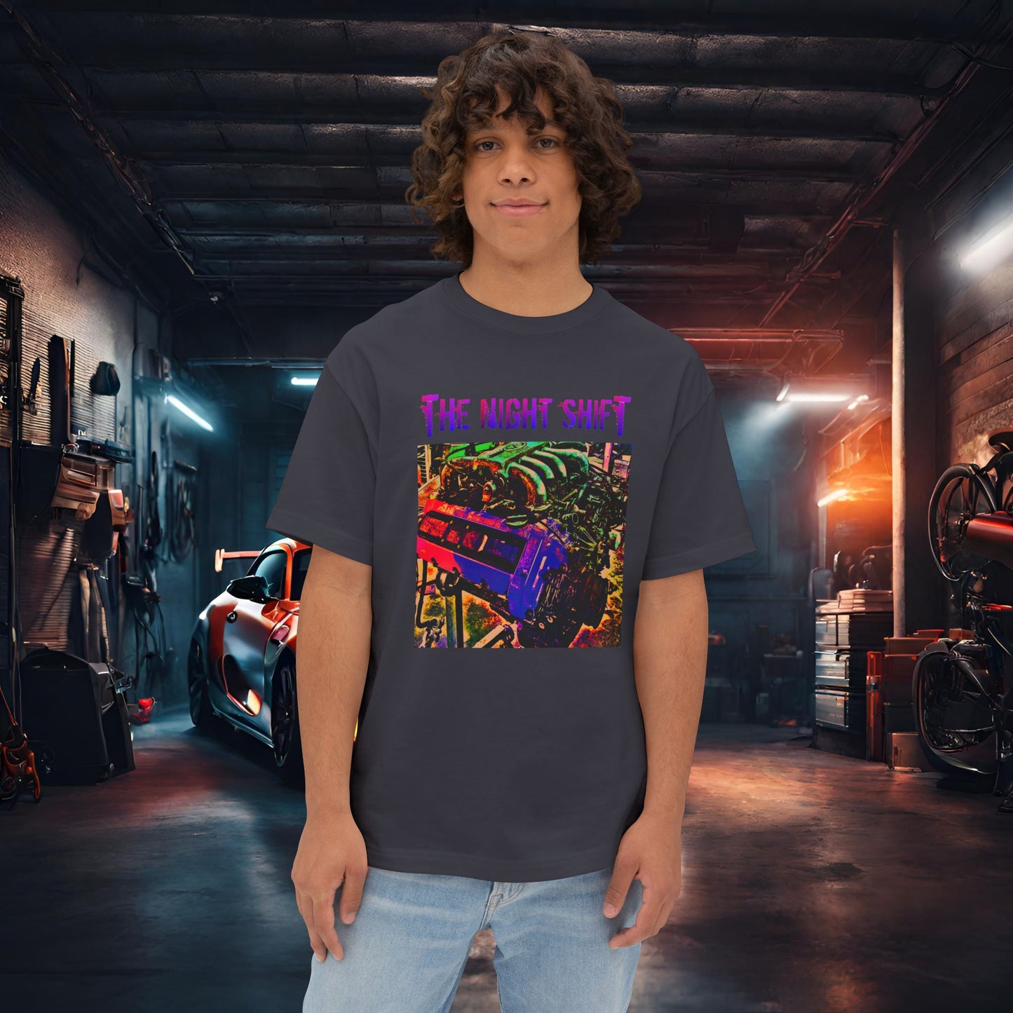 VH45DE Synthwave-Premium, Ultra Soft Unisex Oversized Boxy Tee Dark Grey Printify by The Night Shift Automotive Apparel