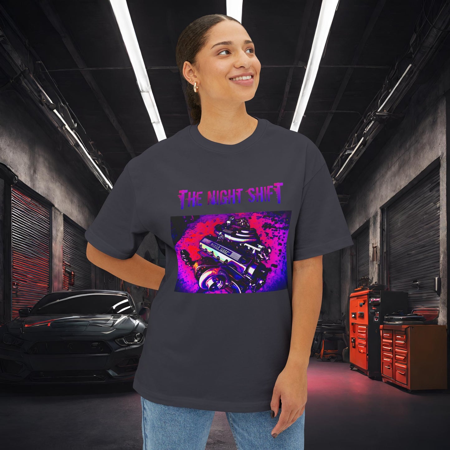 M20B30 Synthwave-Premium, Ultra Soft Unisex Oversized Boxy Tee Printify by The Night Shift Automotive Apparel
