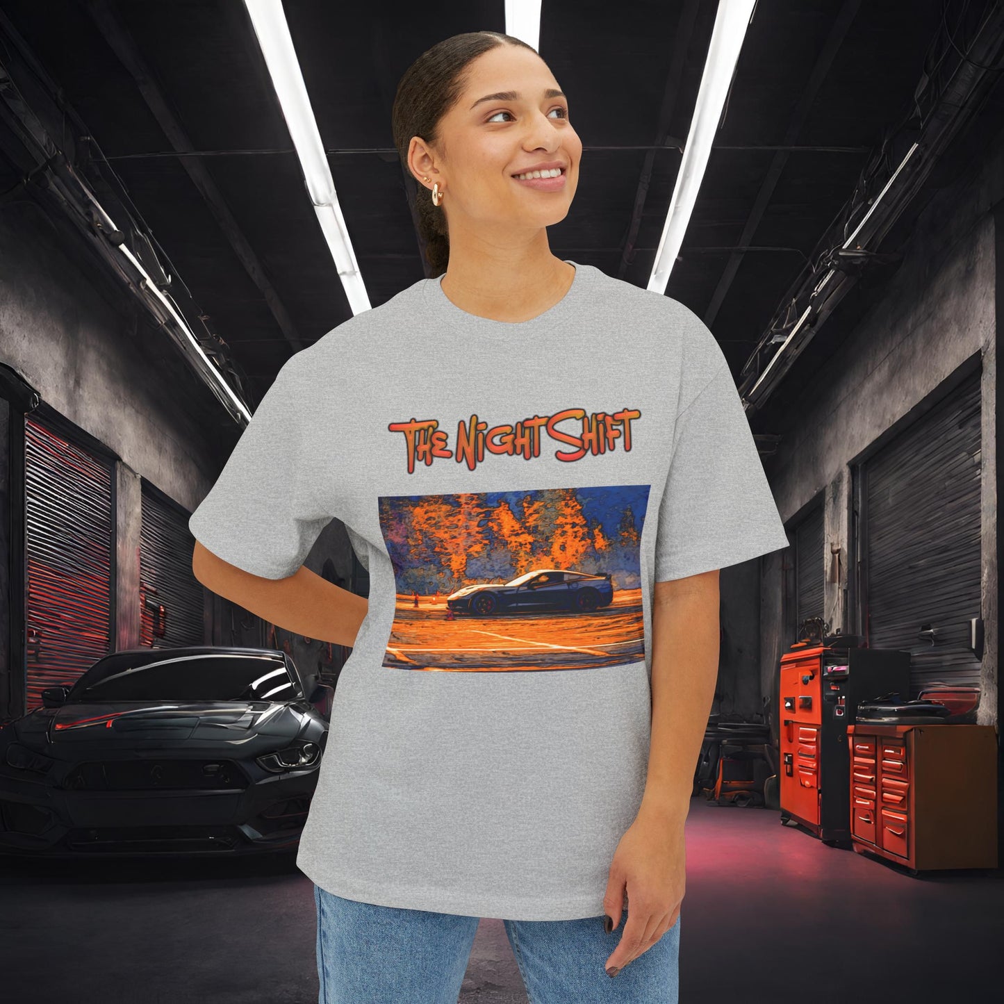 Chevy Corvette C7 Drifting Nedco NHMS-Premium, Ultra Soft Unisex Oversized Boxy Tee Printify by The Night Shift Automotive Apparel