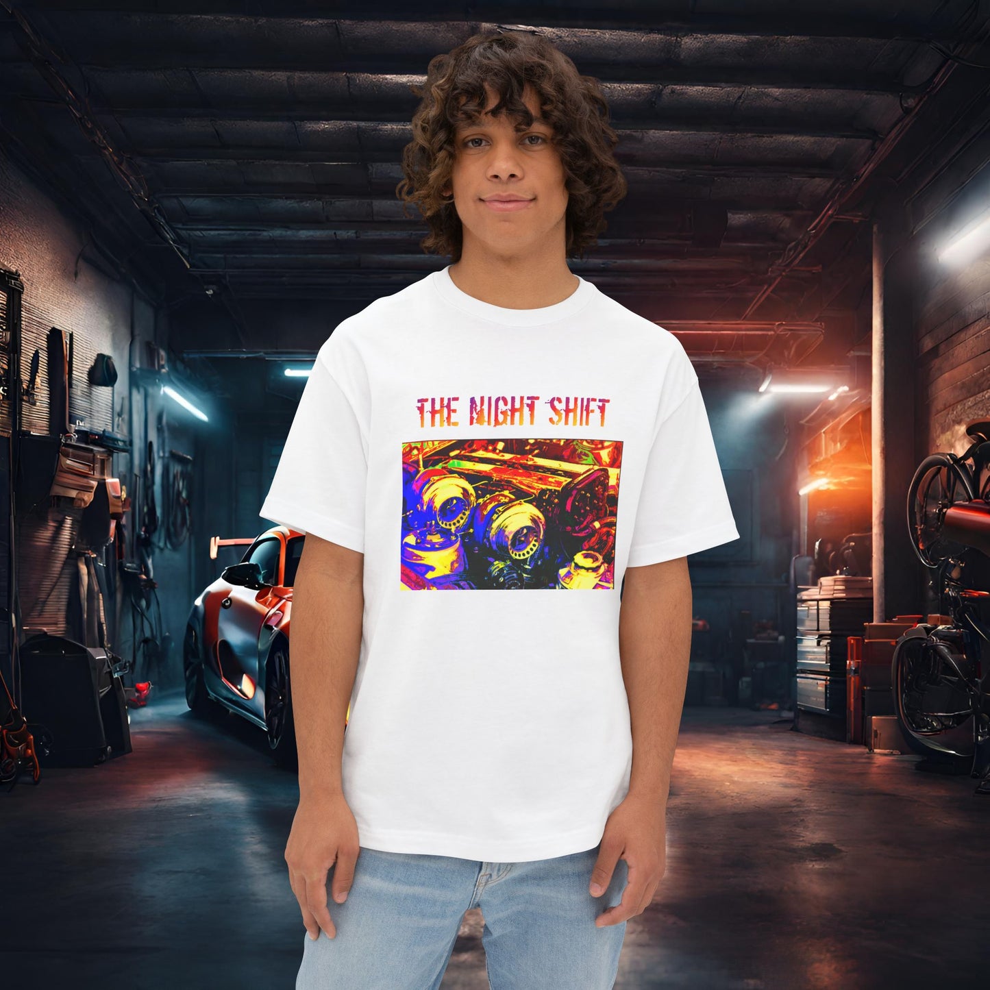 1JZ-GTE Twin Turbo Synthwave-Premium, Ultra Soft Unisex Oversized Boxy Tee White Printify by The Night Shift Automotive Apparel