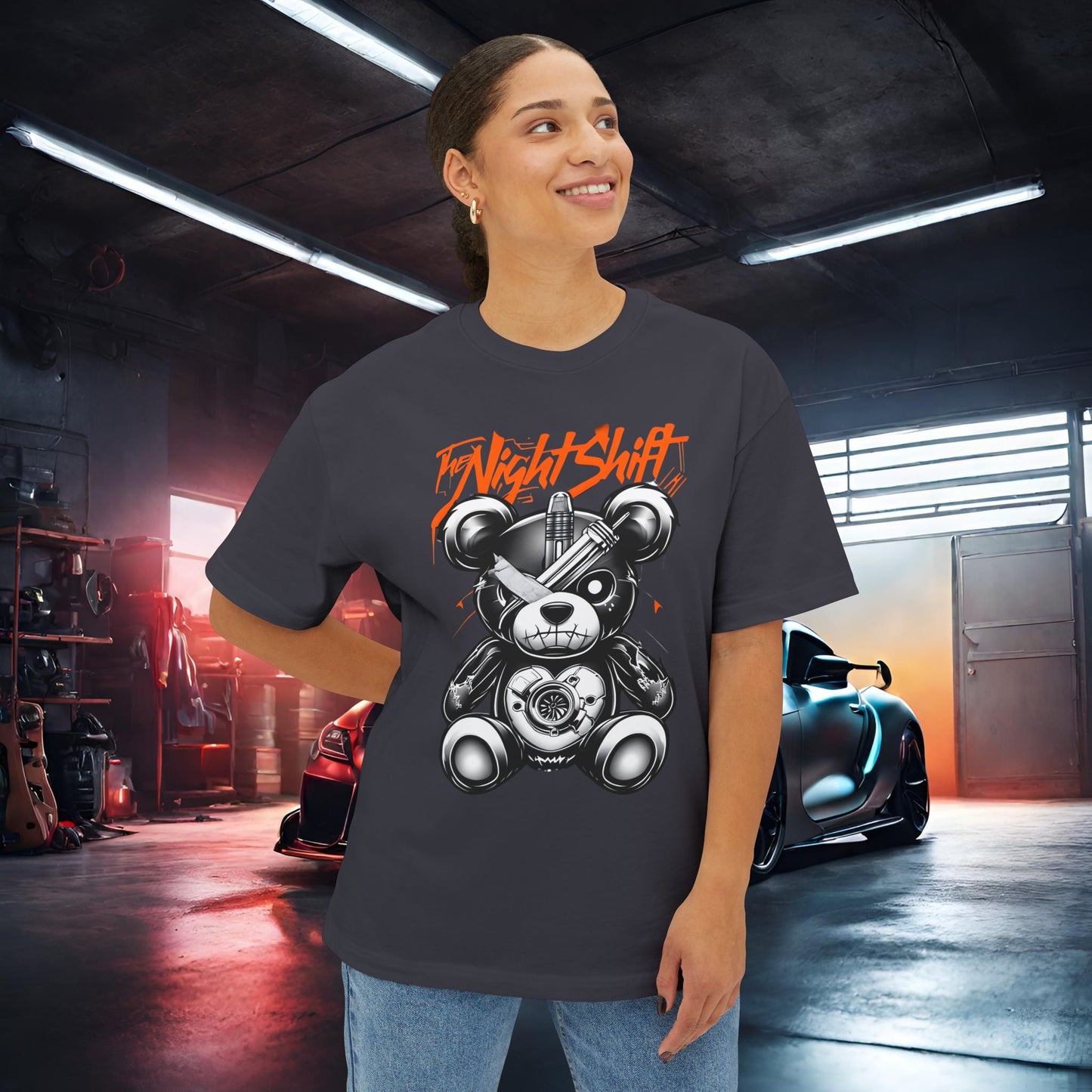 The Night Shift Tattered Teddy-Premium, Ultra Soft Unisex Oversized Boxy Tee Printify by The Night Shift Automotive Apparel