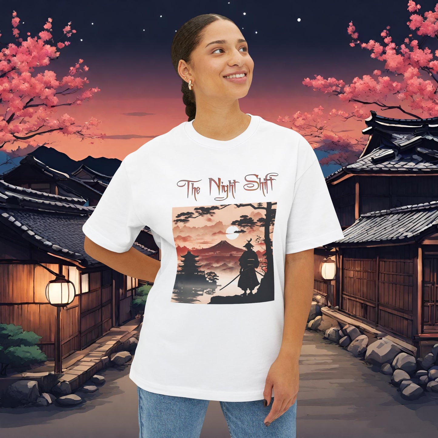 Samurai Volcano Silhouette-Premium, Ultra Soft Unisex Oversized Boxy Tee Printify by The Night Shift Automotive Apparel