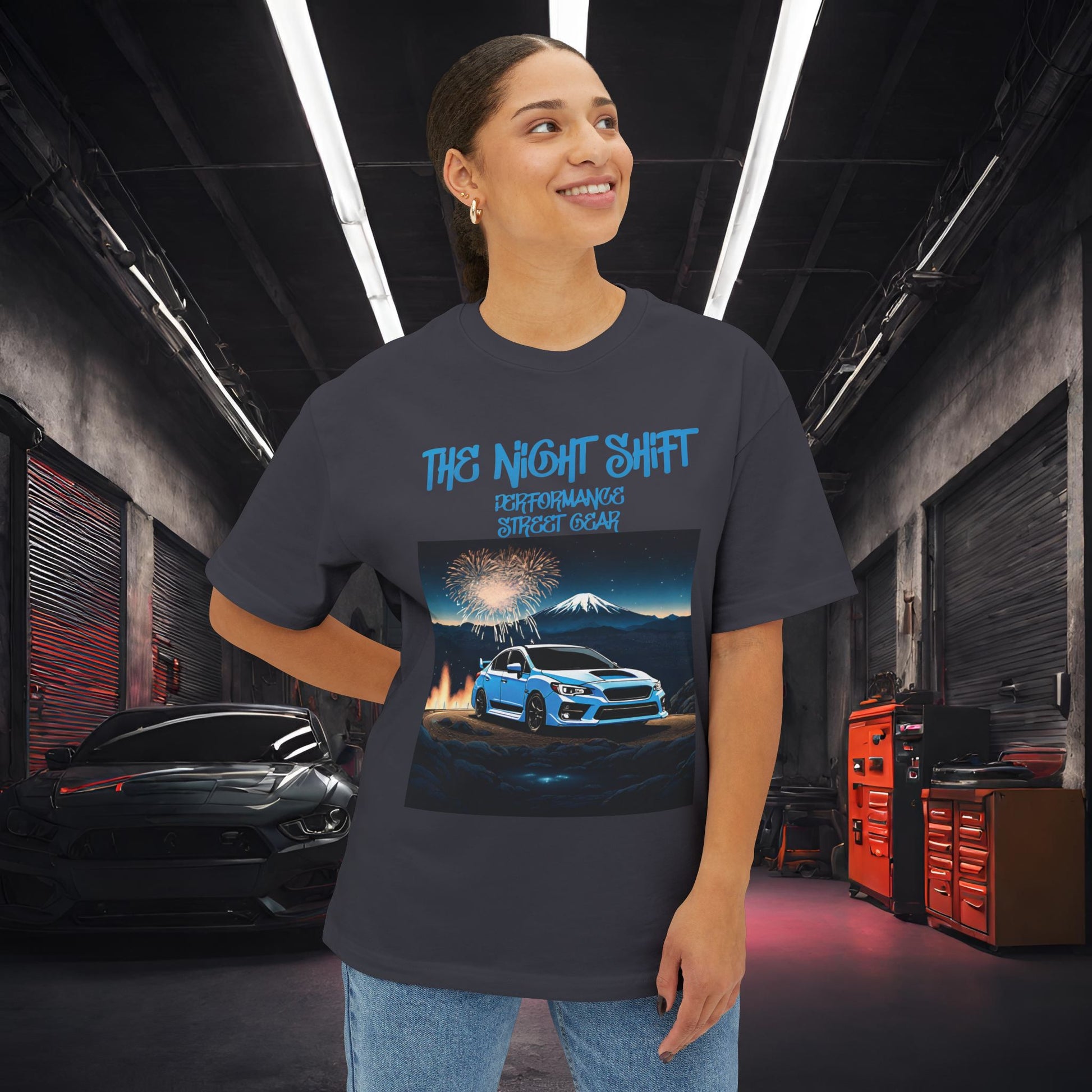 Subaru WRX/STI Fireworks In The Mountains - Premium, Ultra Soft Unisex Oversized Boxy Tee Printify by The Night Shift Automotive Apparel