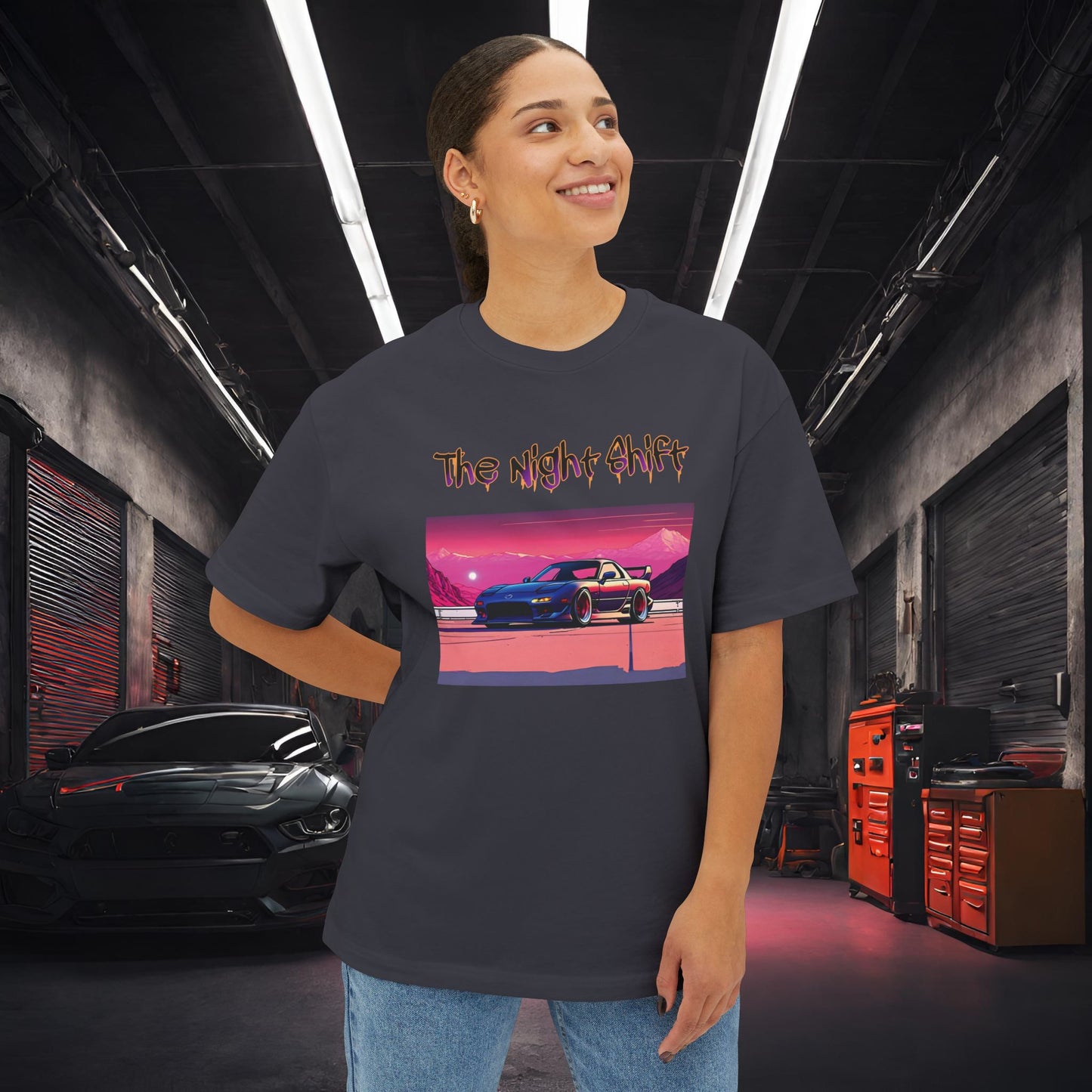 Mazda RX7 Synthwave-Premium, Ultra Soft Unisex Oversized Boxy Tee Printify by The Night Shift Automotive Apparel