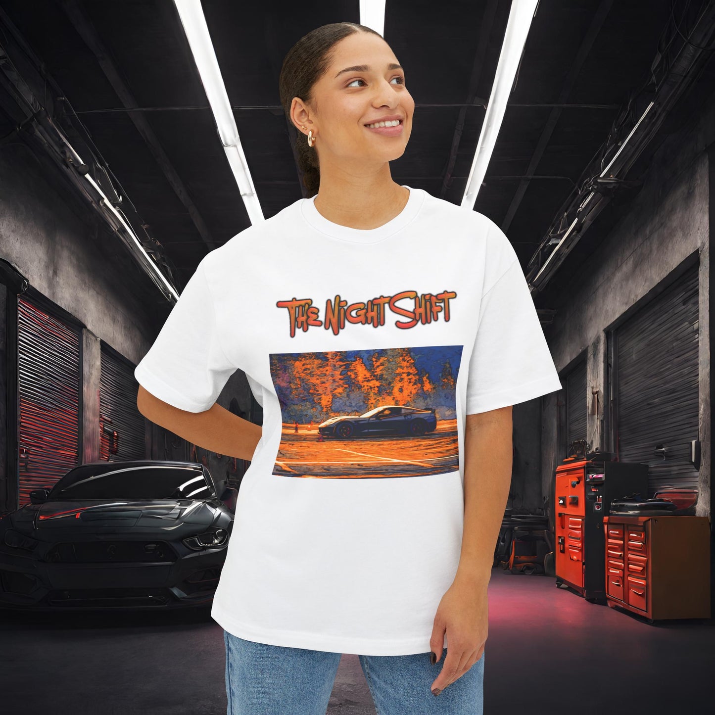 Chevy Corvette C7 Drifting Nedco NHMS-Premium, Ultra Soft Unisex Oversized Boxy Tee Printify by The Night Shift Automotive Apparel