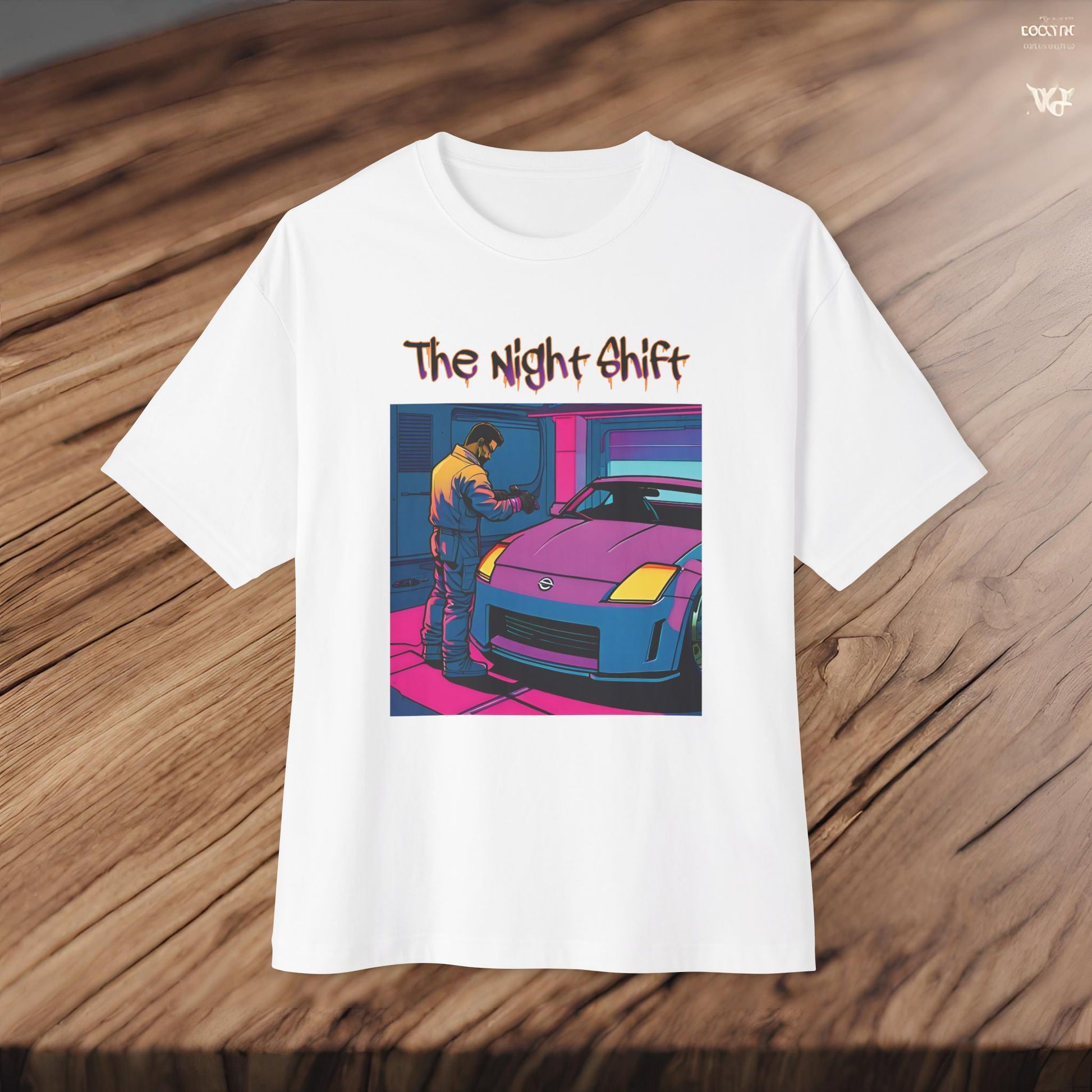 Nissan 350z Garage Queen Synthwave-Premium, Ultra Soft Unisex Oversized Boxy Tee Printify by The Night Shift Automotive Apparel