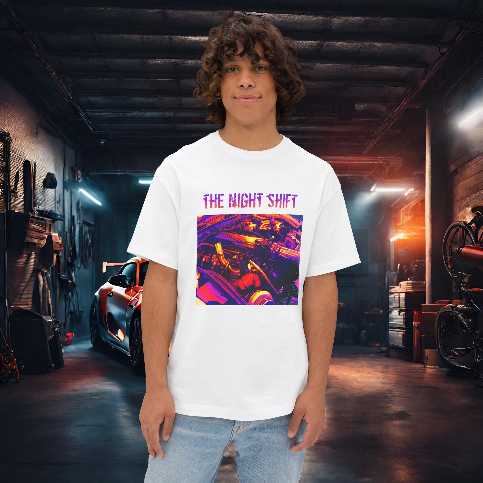 LS-X Twin Turbo Synthwave-Premium, Ultra Soft Unisex Oversized Boxy Tee White Printify by The Night Shift Automotive Apparel