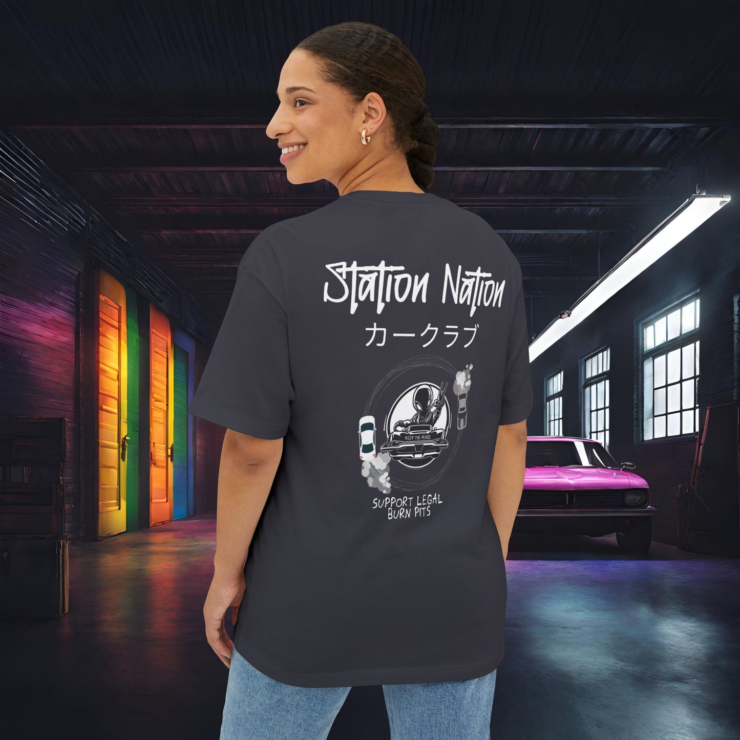 Station Nation-Premium, Ultra Soft Unisex Oversized Boxy Tee Dark Grey Printify by The Night Shift Automotive Apparel