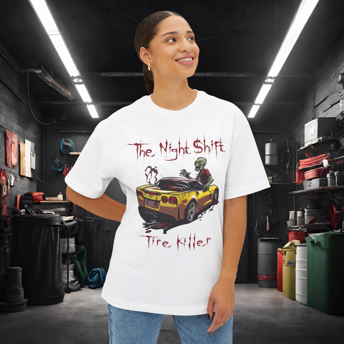 Tire Killer Zombie Corvette-Premium, Ultra Soft Unisex Oversized Boxy Tee Printify by The Night Shift Automotive Apparel