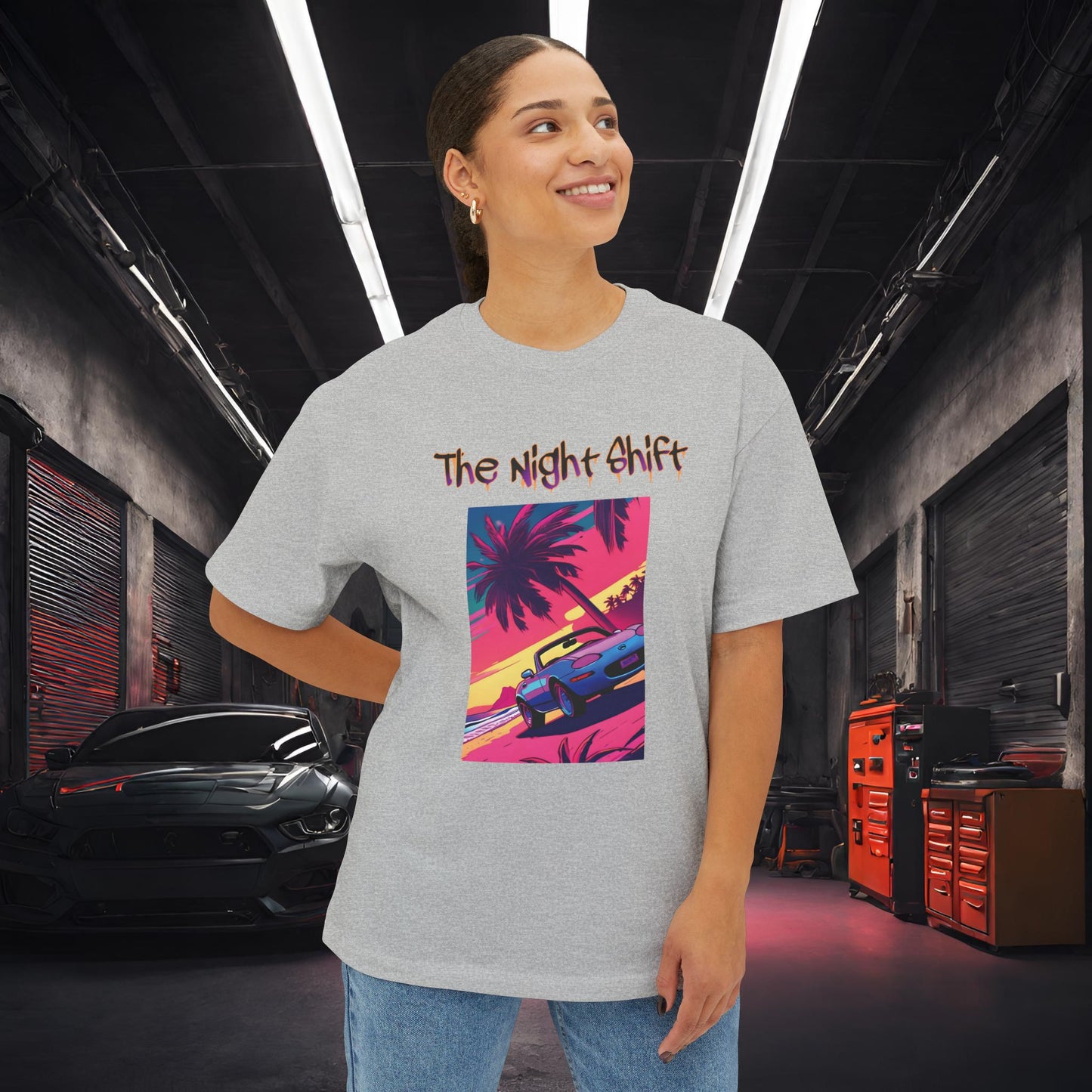 Miata Topless Beach Cruise Synthwave-Premium, Ultra Soft Unisex Oversized Boxy Tee Printify by The Night Shift Automotive Apparel