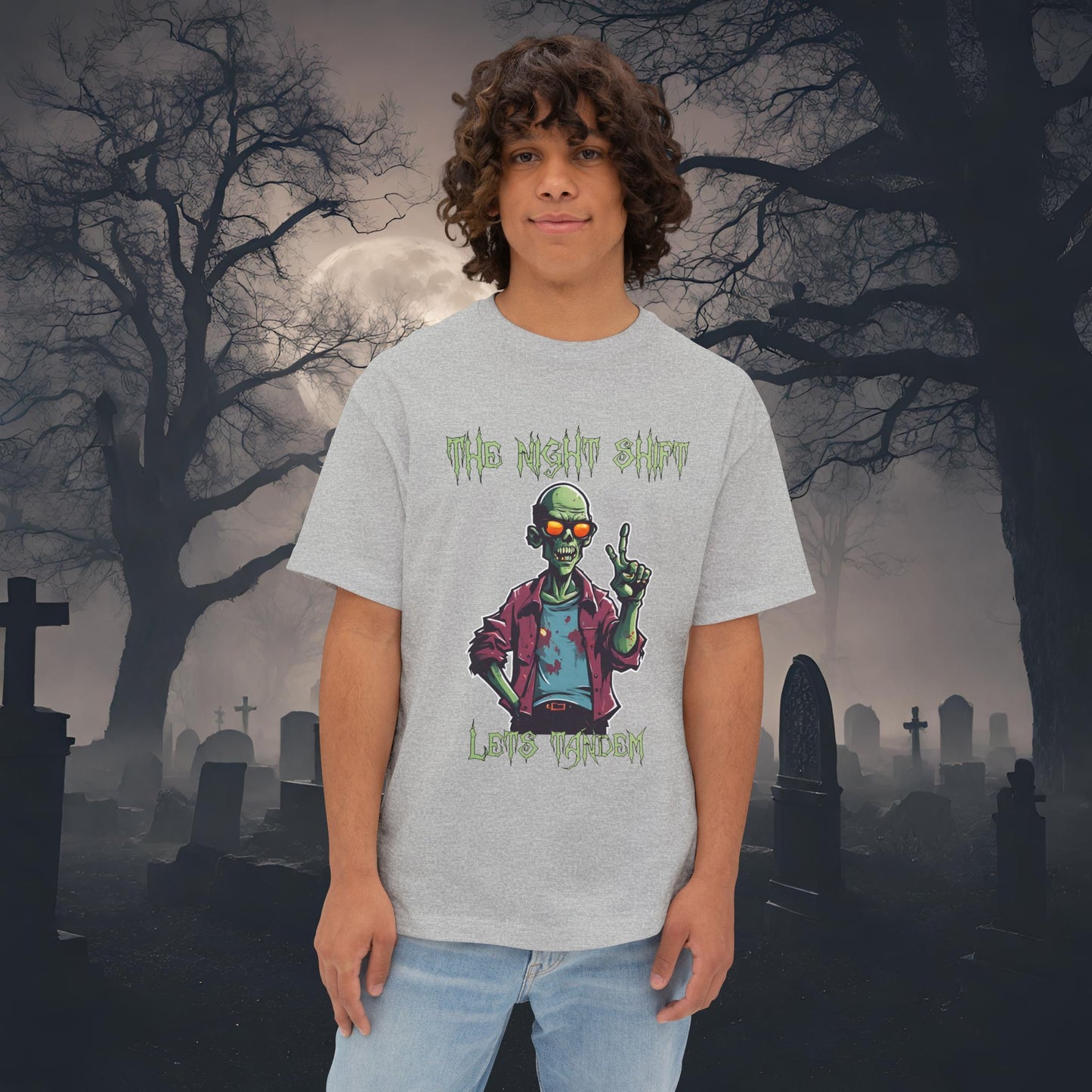 Lets Tandem Drift Zombie- Premium, Ultra Soft Unisex Oversized Boxy Tee Athletic Heather Printify by The Night Shift Automotive Apparel