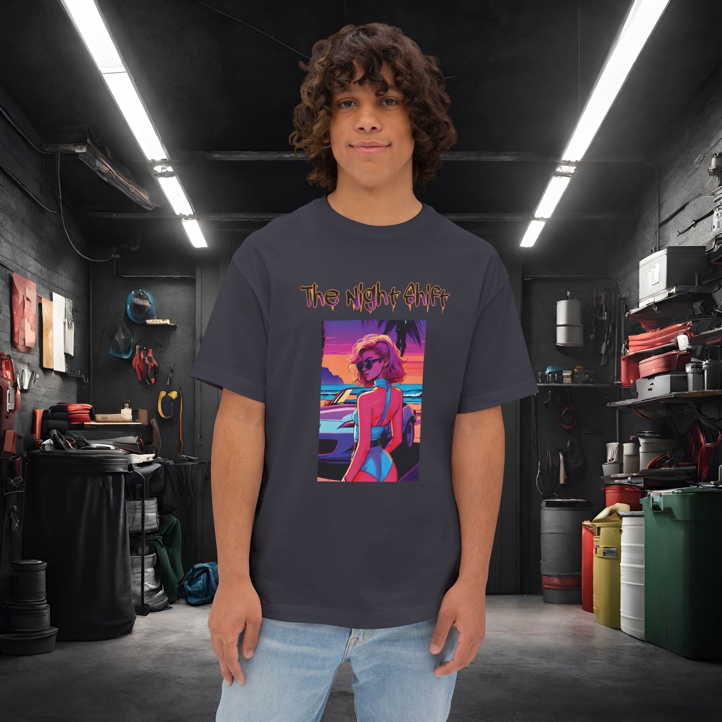 Miata Beach Days Synthwave-Premium, Ultra Soft Unisex Oversized Boxy Tee Dark Grey Printify by The Night Shift Automotive Apparel