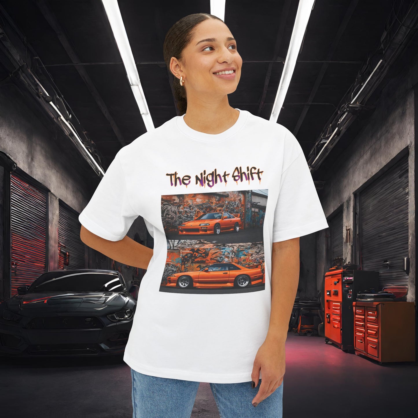 Nissan 240sx Double Stack Graffiti-Premium, Ultra Soft Unisex Oversized Boxy Tee Printify by The Night Shift Automotive Apparel
