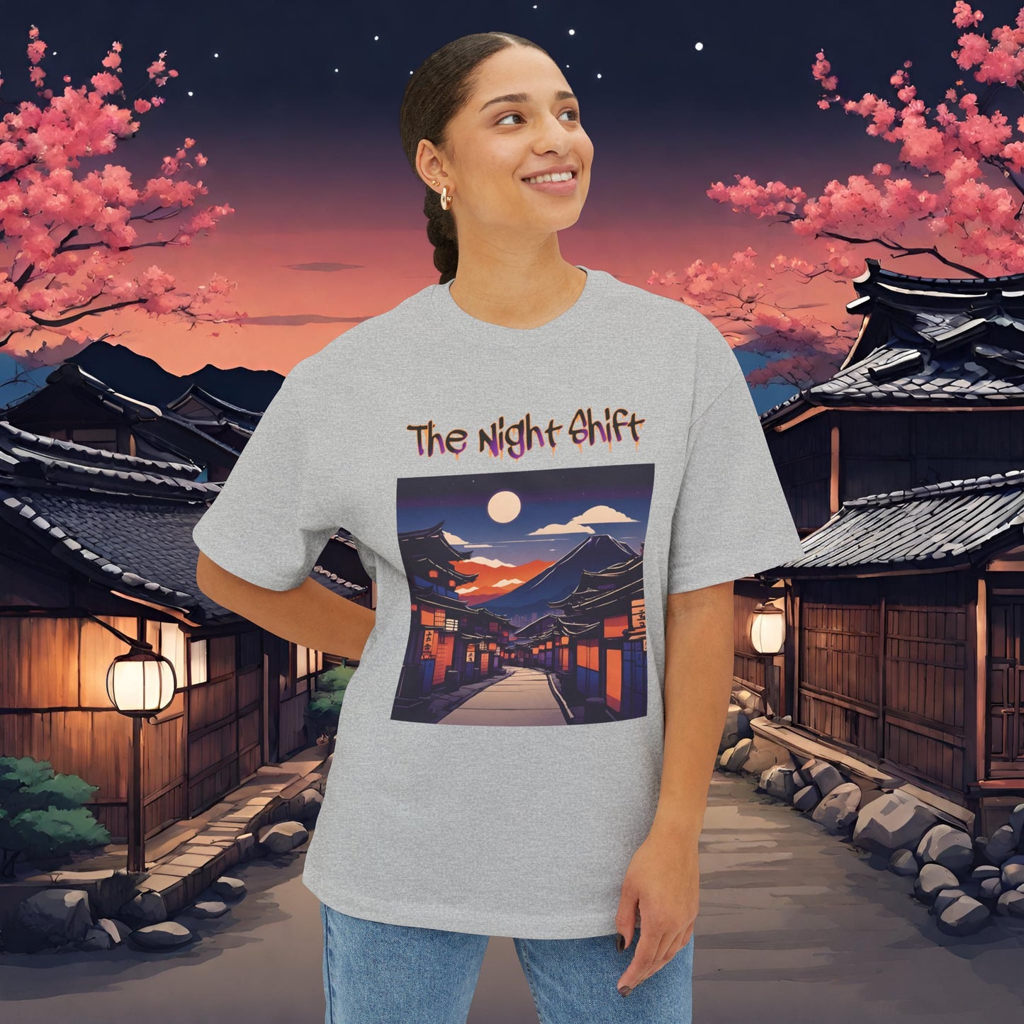Volcanic Japanese Traditional Village-Premium, Ultra Soft Unisex Oversized Boxy Tee Printify by The Night Shift Automotive Apparel