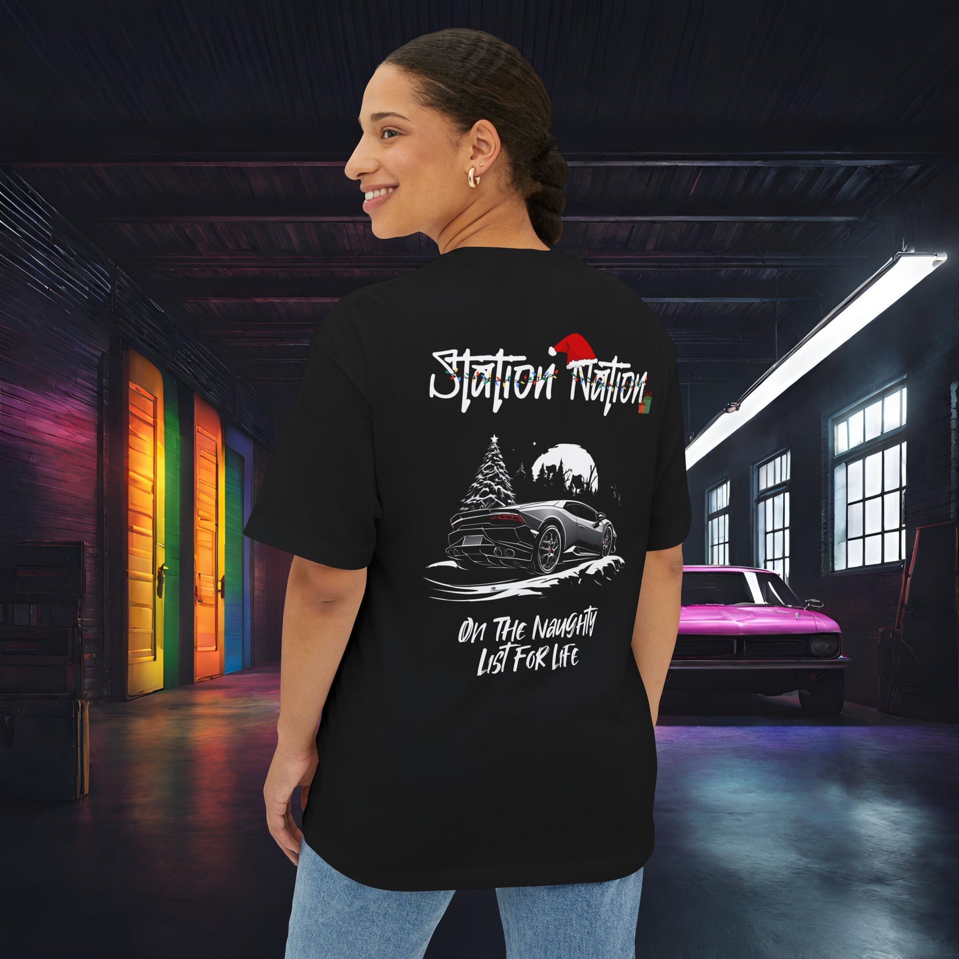 🎄 Christmas Limited Edition Station Nation-Premium, Ultra Soft Unisex Oversized Boxy Tee Black Printify by The Night Shift Automotive Apparel