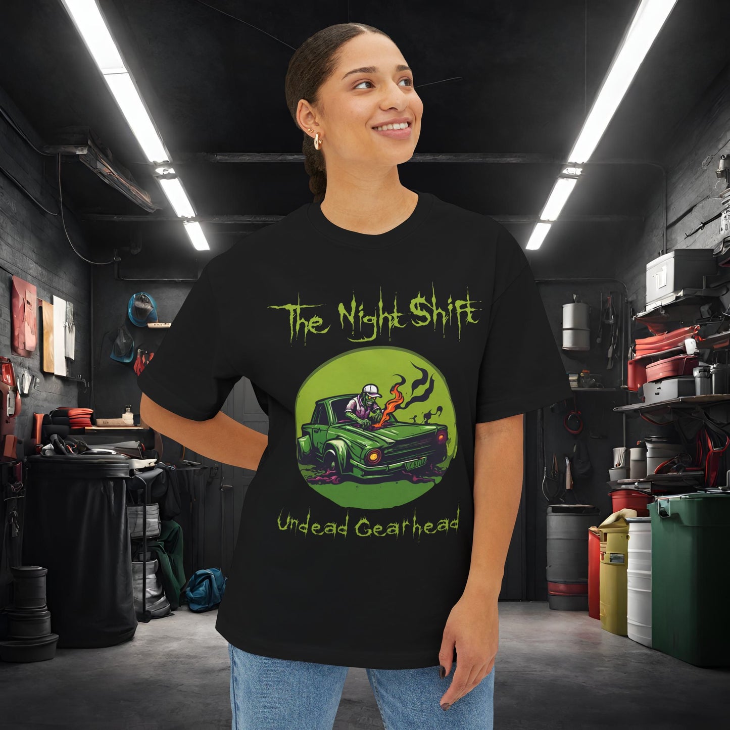 Undead Gearhead Zombie-Premium, Ultra Soft Unisex Oversized Boxy Tee Printify by The Night Shift Automotive Apparel