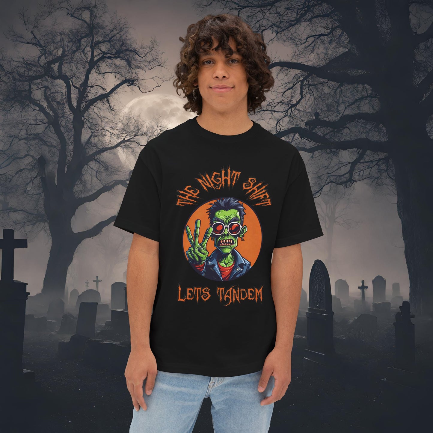 Lets Tandem Drift Zombie-Premium, Ultra Soft Unisex Oversized Boxy Tee Black Printify by The Night Shift Automotive Apparel