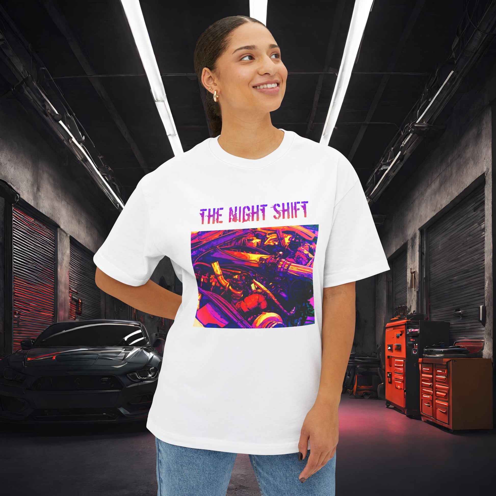 LS-X Twin Turbo Synthwave-Premium, Ultra Soft Unisex Oversized Boxy Tee Printify by The Night Shift Automotive Apparel