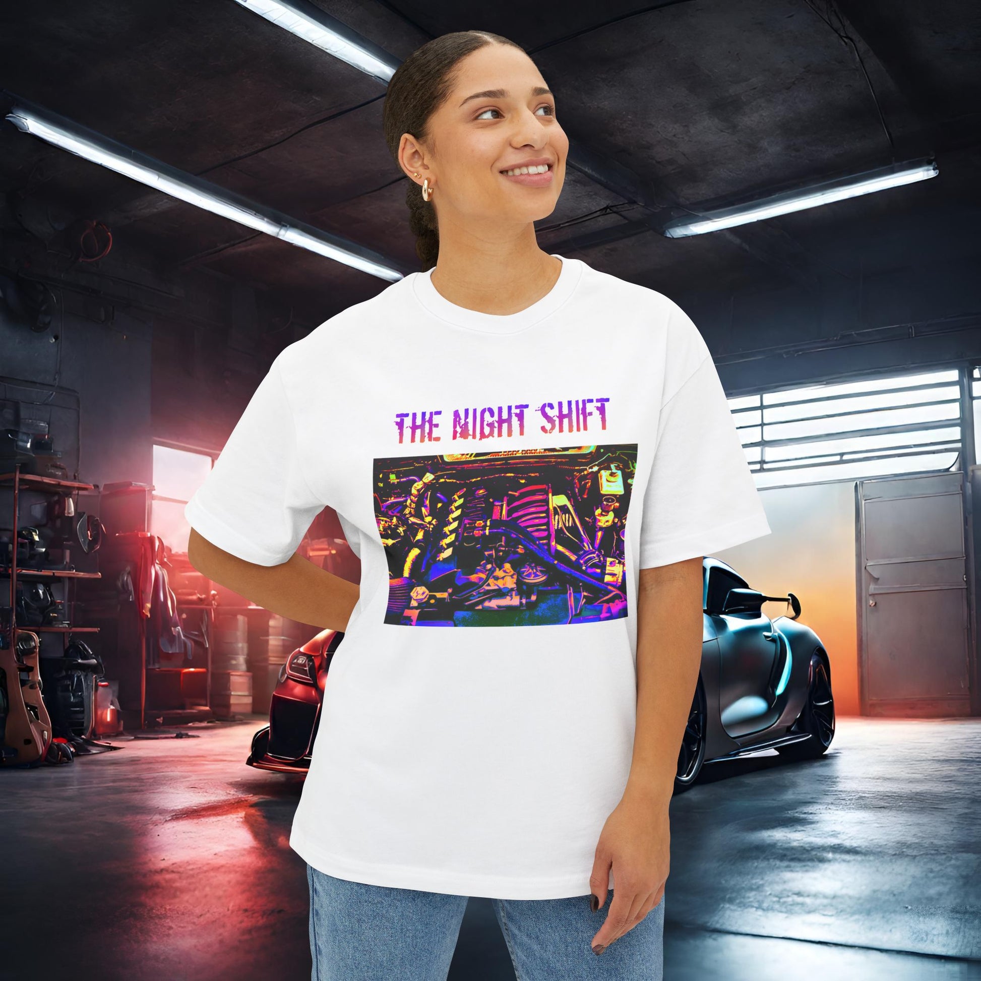 S50B32 Synthwave-Premium, Ultra Soft Unisex Oversized Boxy Tee Printify by The Night Shift Automotive Apparel