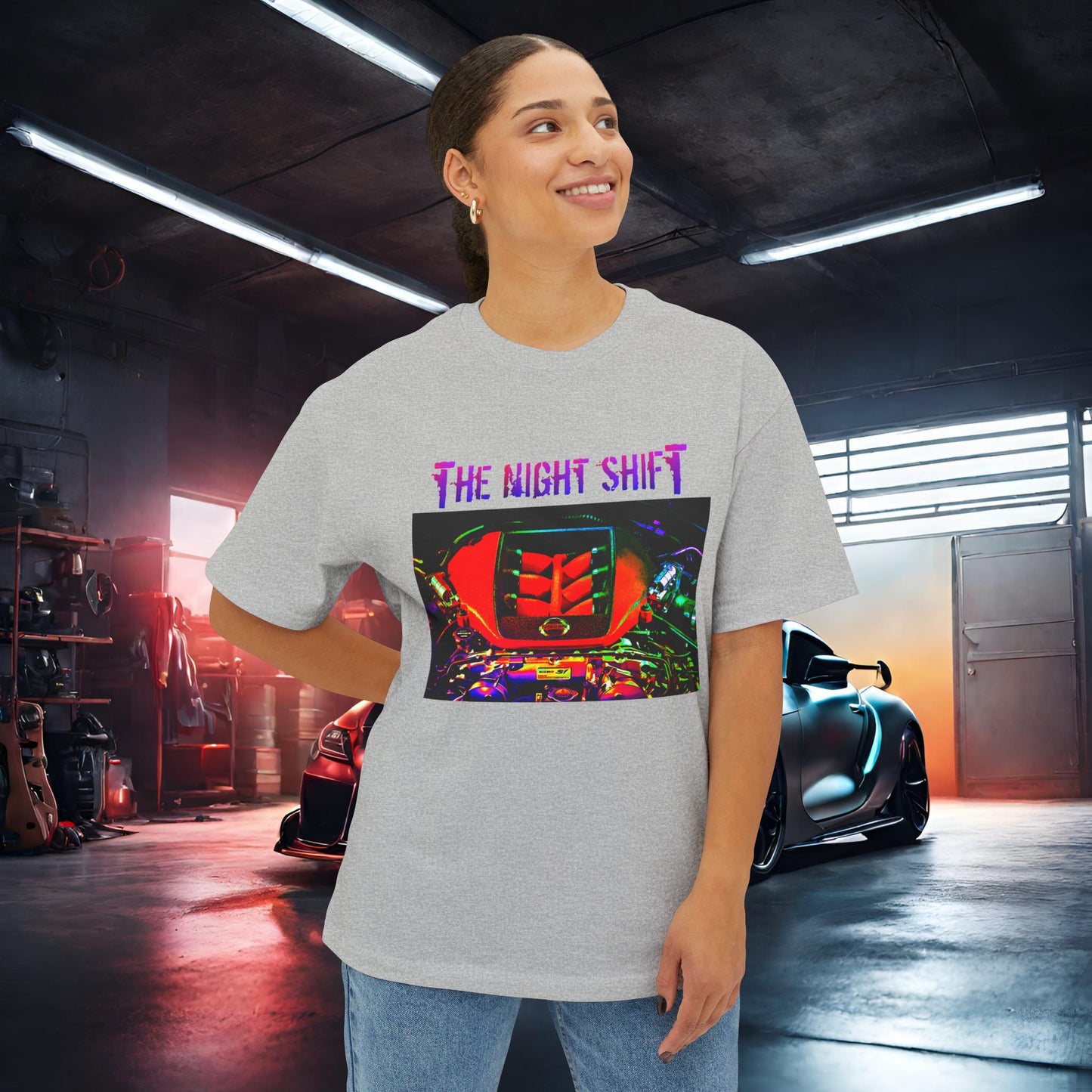 VR38DETT Synthwave-Premium, Ultra SoftUnisex Oversized Boxy Tee Printify by The Night Shift Automotive Apparel