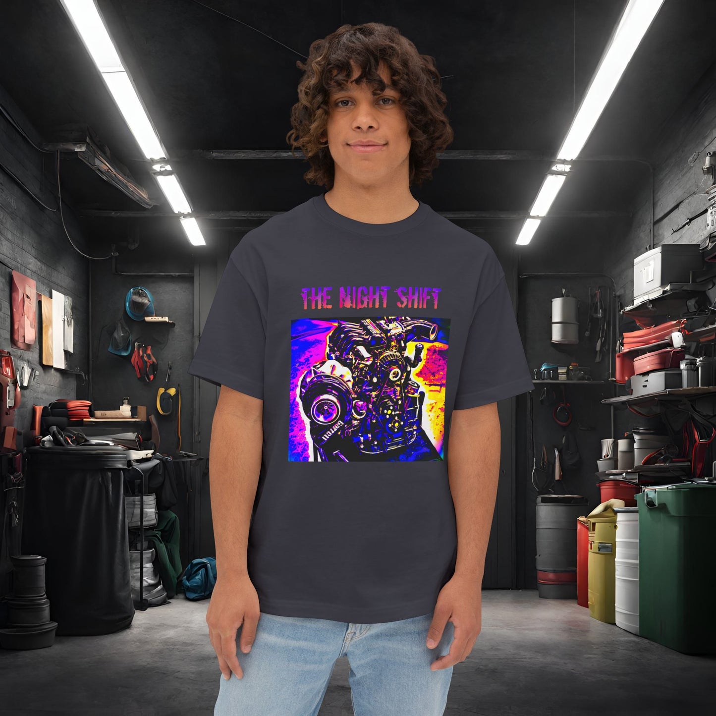 13B-REW Synthwave-Premium, Ultra Soft Unisex Oversized Boxy Tee Dark Grey Printify by The Night Shift Automotive Apparel