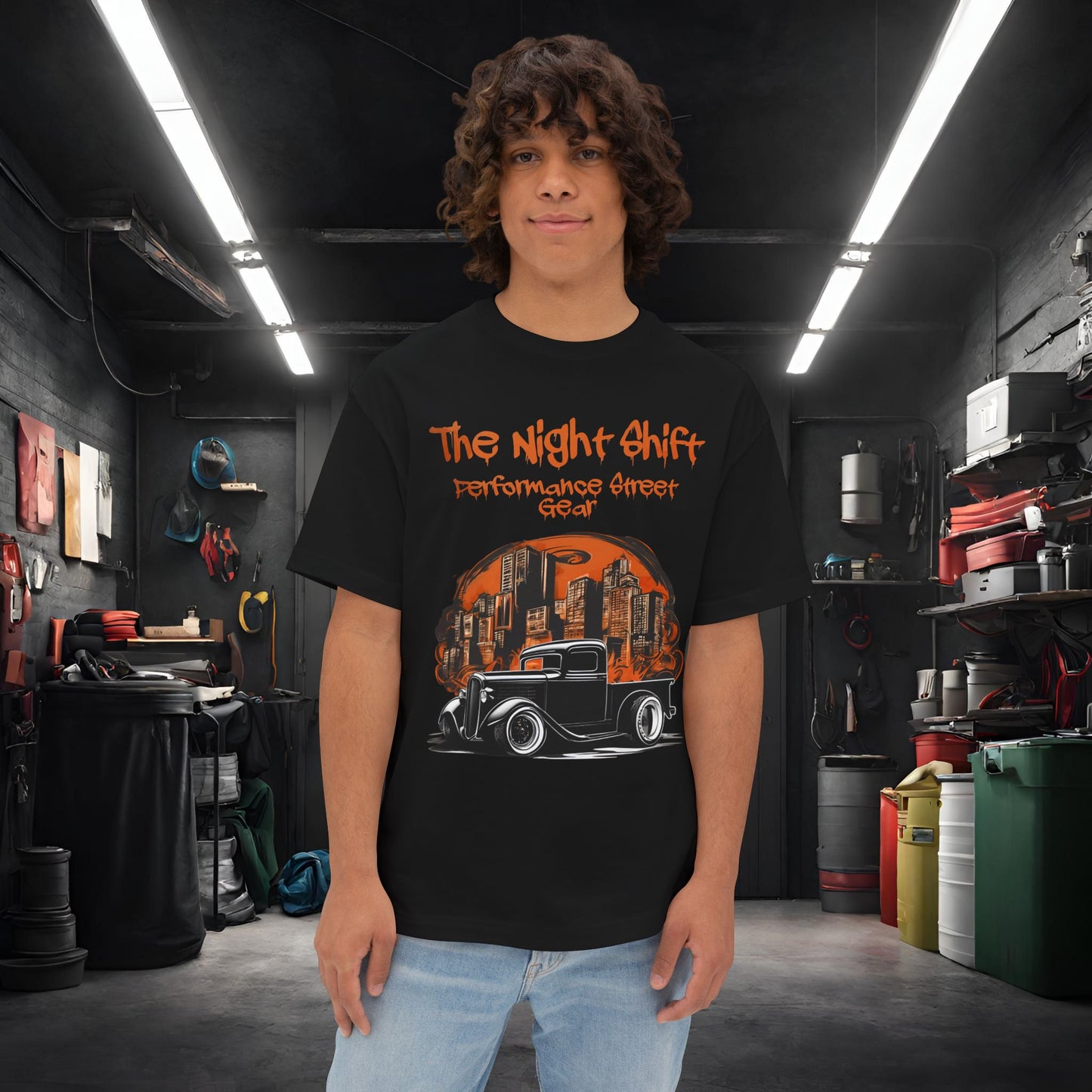 1930's Hot Rod Pick Up Urban Streets-Premium, Ultra Soft Unisex Oversized Boxy Tee Black Printify by The Night Shift Automotive Apparel
