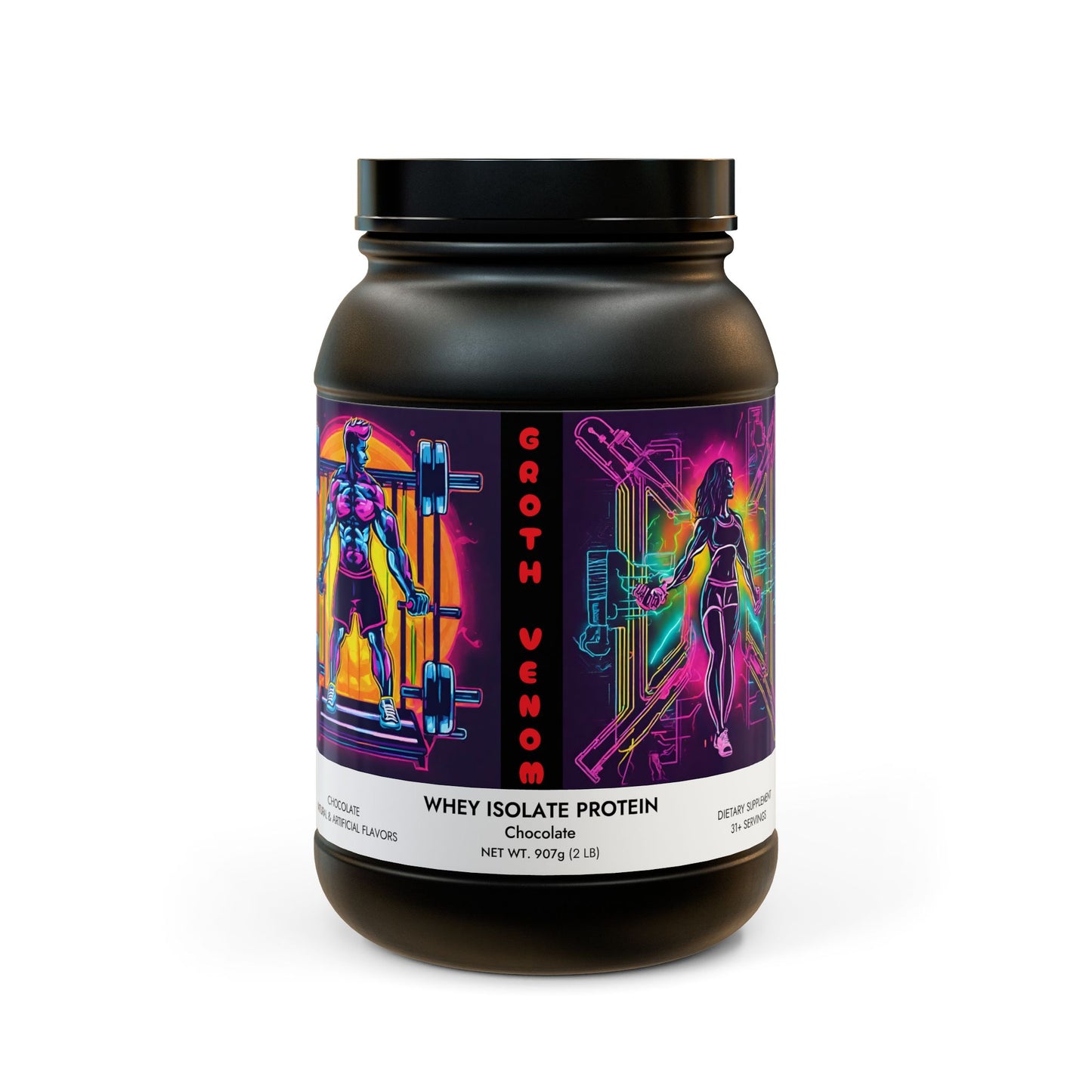 Growth Venom - Premium Whey Isolate Protein Supplement (Chocolate) (907g, 2lb) Black tub + lid NET WT 32 OZ (907g) Chocolate Printify by The Night Shift Automotive Apparel