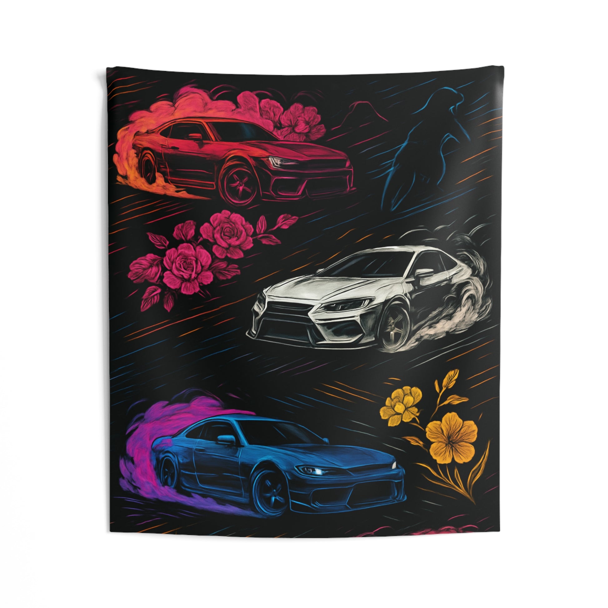 Cars Floral Indoor Wall Tapestries - Shop Banner 50" × 60" Printify by The Night Shift Automotive Apparel