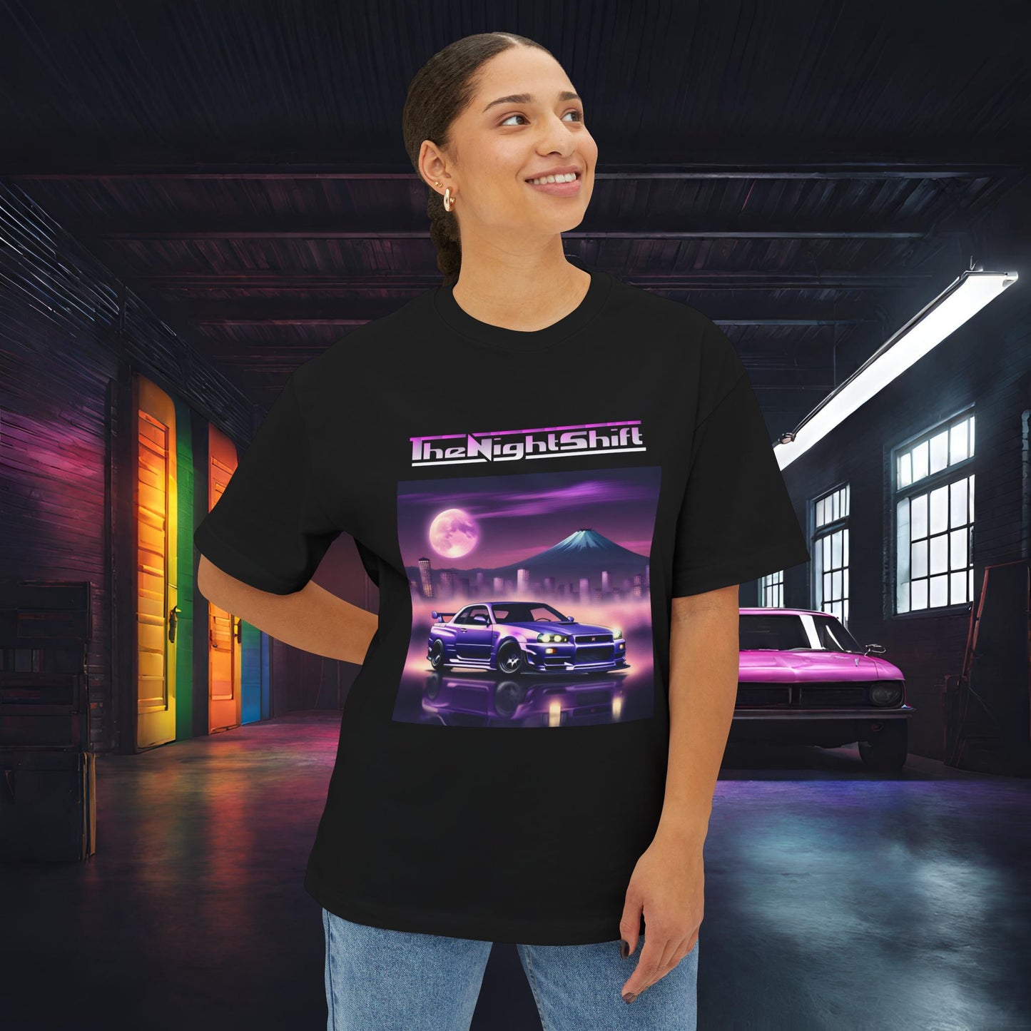 Nissan Skyline R34 Mt Fuji-Premium, Ultra Soft, Unisex Oversized Boxy Tee Printify by The Night Shift Automotive Apparel