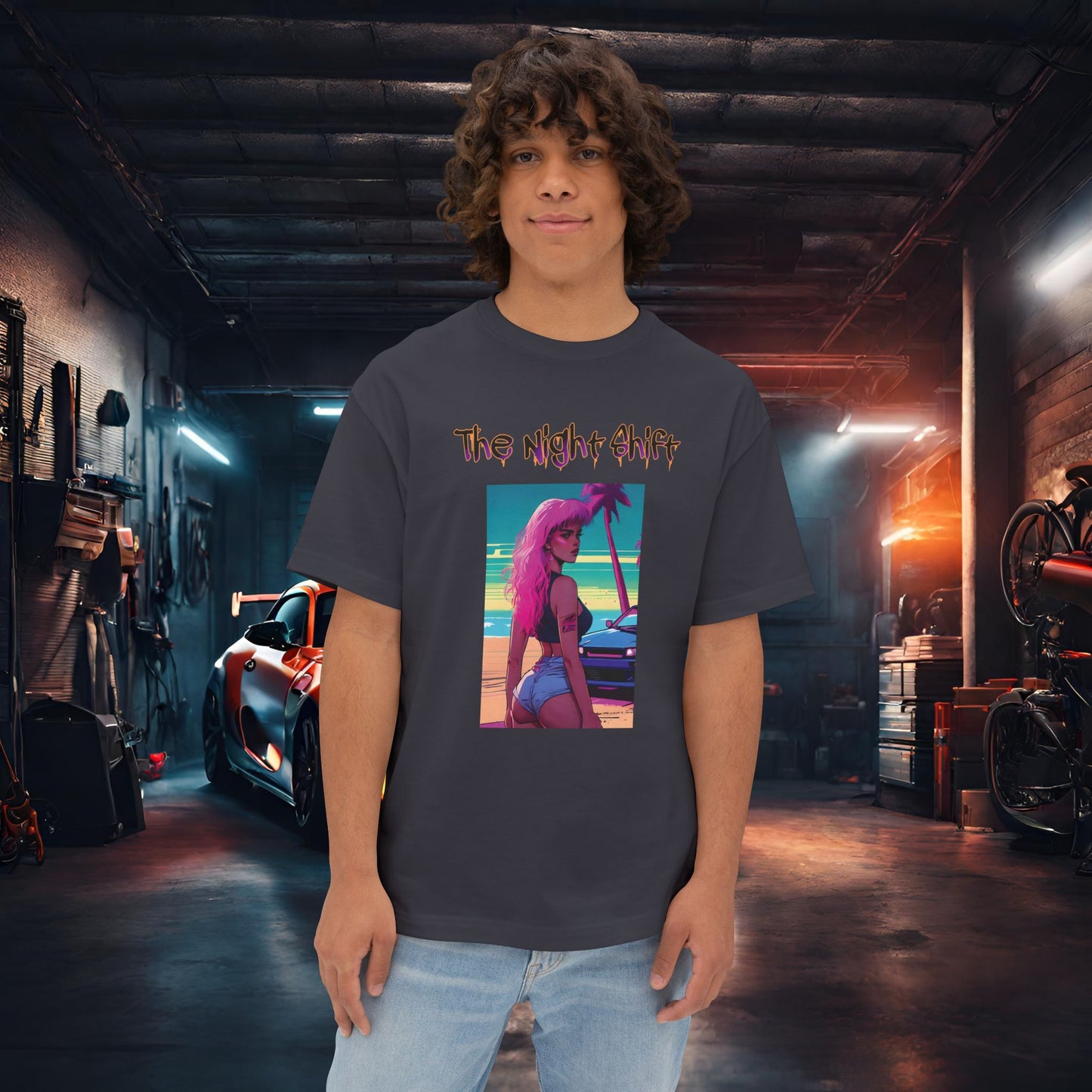 Pink Hair, Don't Care Synthwave-Premium, Ultra Soft Unisex Oversized Boxy Tee Dark Grey Printify by The Night Shift Automotive Apparel