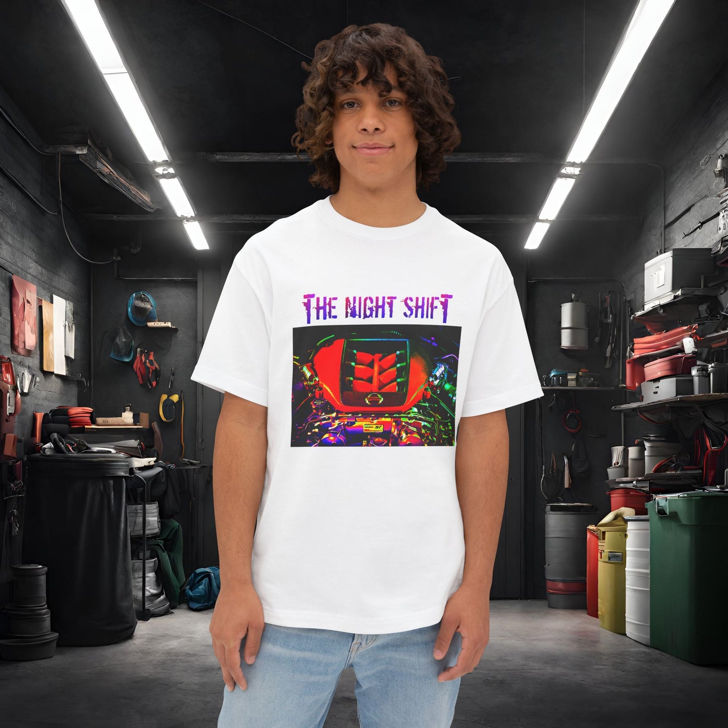 VR38DETT Synthwave-Premium, Ultra SoftUnisex Oversized Boxy Tee White Printify by The Night Shift Automotive Apparel