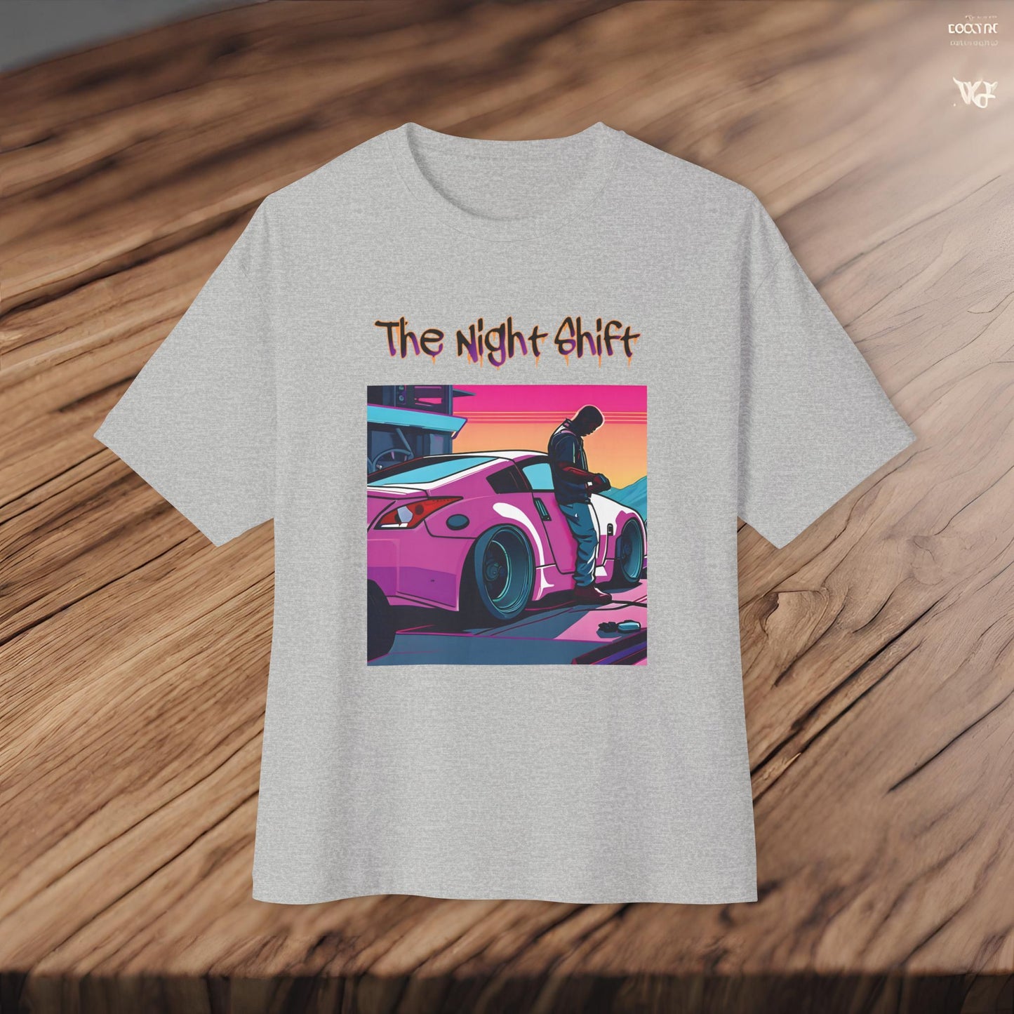 Nissan 370z Synthwave-Premium, Ultra Soft Unisex Oversized Boxy Tee Printify by The Night Shift Automotive Apparel