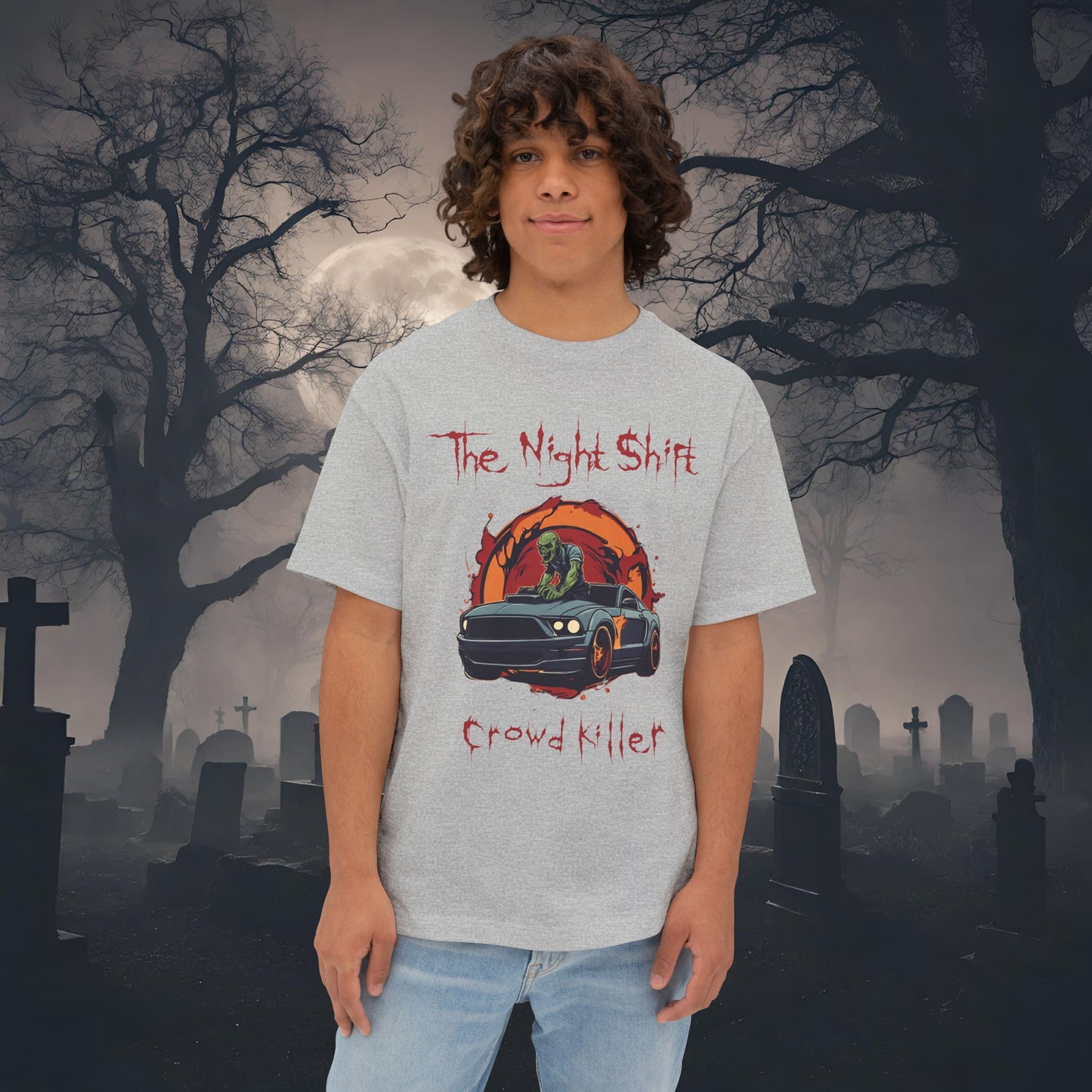 Crowd Killer Zombie Mustang-Premium, Ultra Soft Unisex Oversized Boxy Tee Athletic Heather Printify by The Night Shift Automotive Apparel