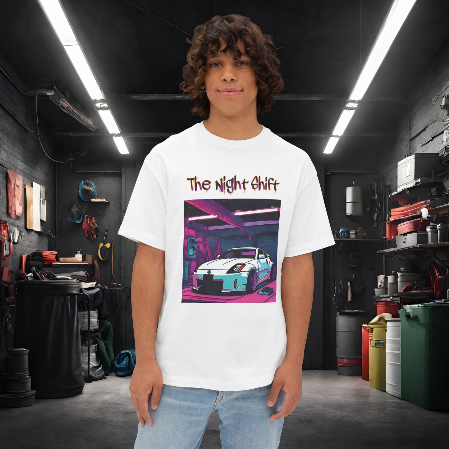 Nissan 350z Synthwave-Premium, Ultra Soft Unisex Oversized Boxy Tee White Printify by The Night Shift Automotive Apparel