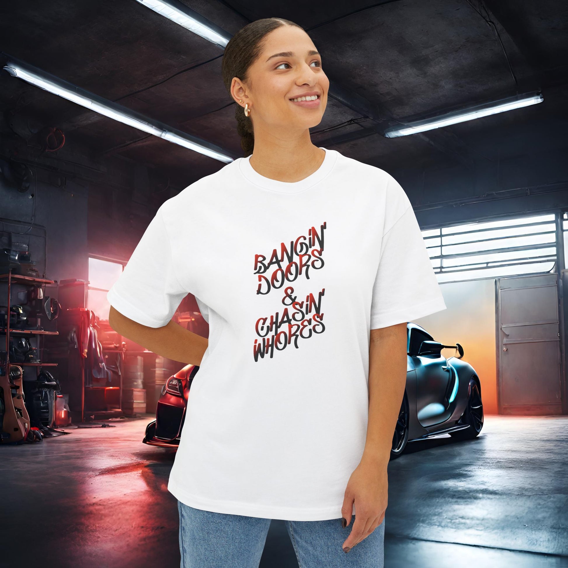 Bangin' Doors & Chasin' Whores-Premium, Ultra Soft Unisex Oversized Boxy Tee Printify by The Night Shift Automotive Apparel
