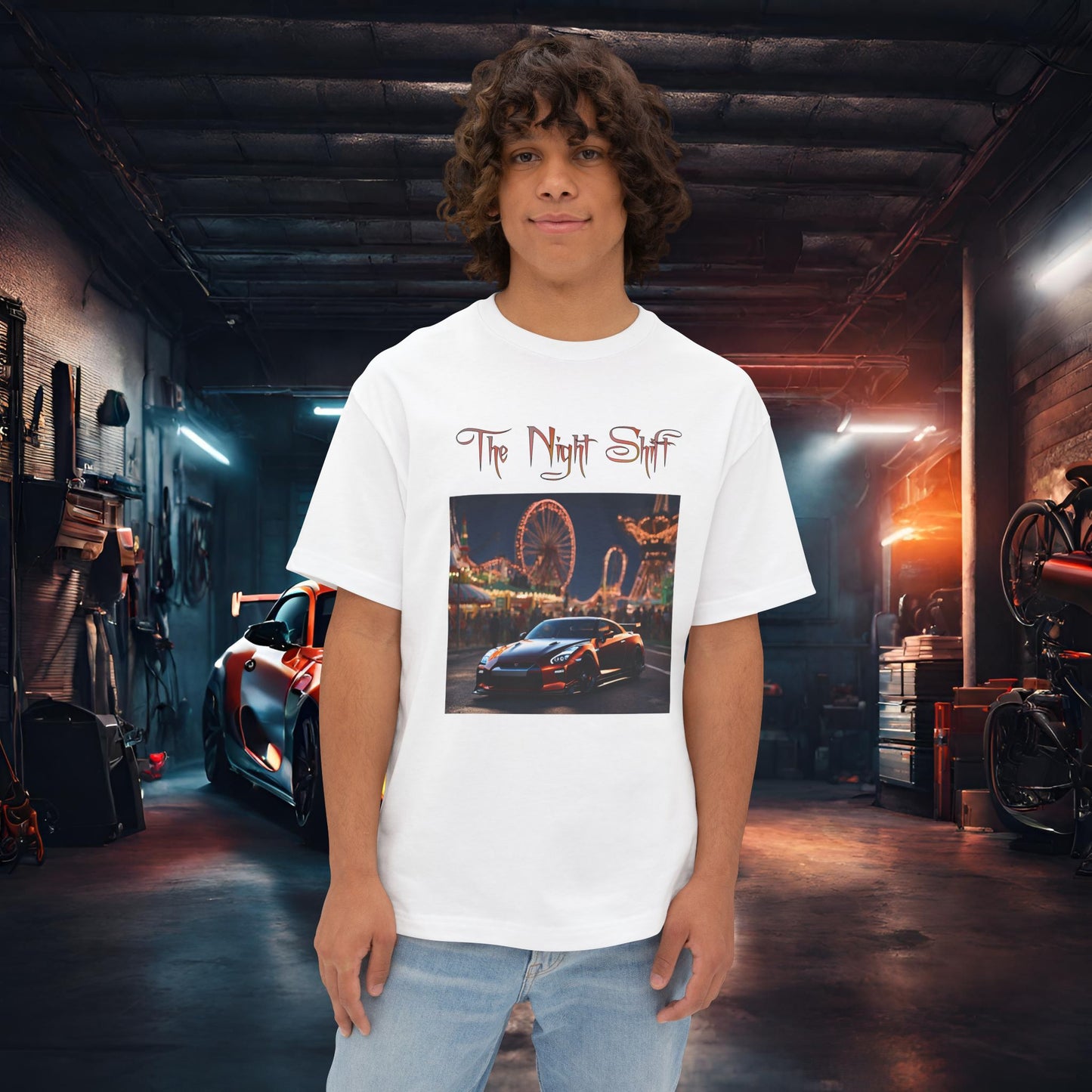 Nissan GTR R35 Amusement Park-Premium, Ultra Soft Unisex Oversized Boxy Tee White Printify by The Night Shift Automotive Apparel