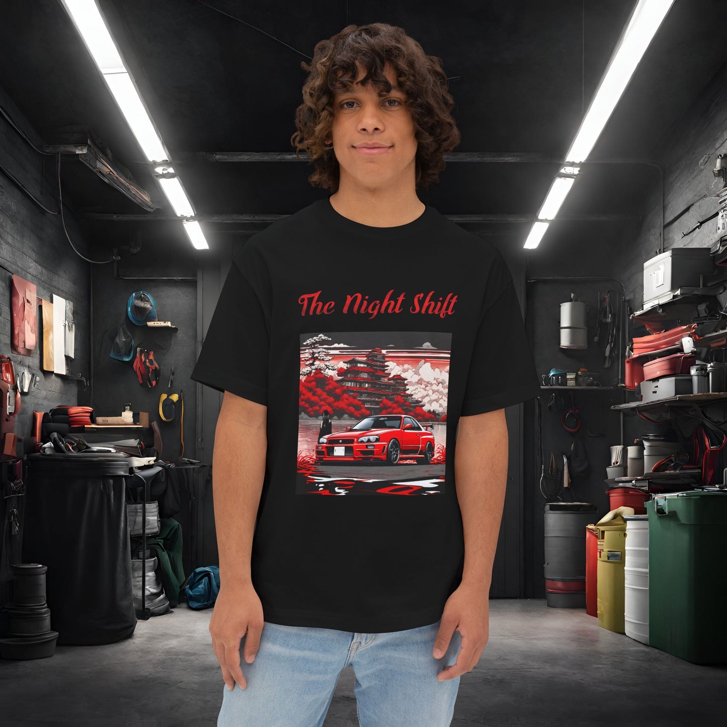 Nissan Skyline R34 Cherry Blossom-Premium, Ultra Soft, Unisex Oversized Boxy Tee Black Printify by The Night Shift Automotive Apparel