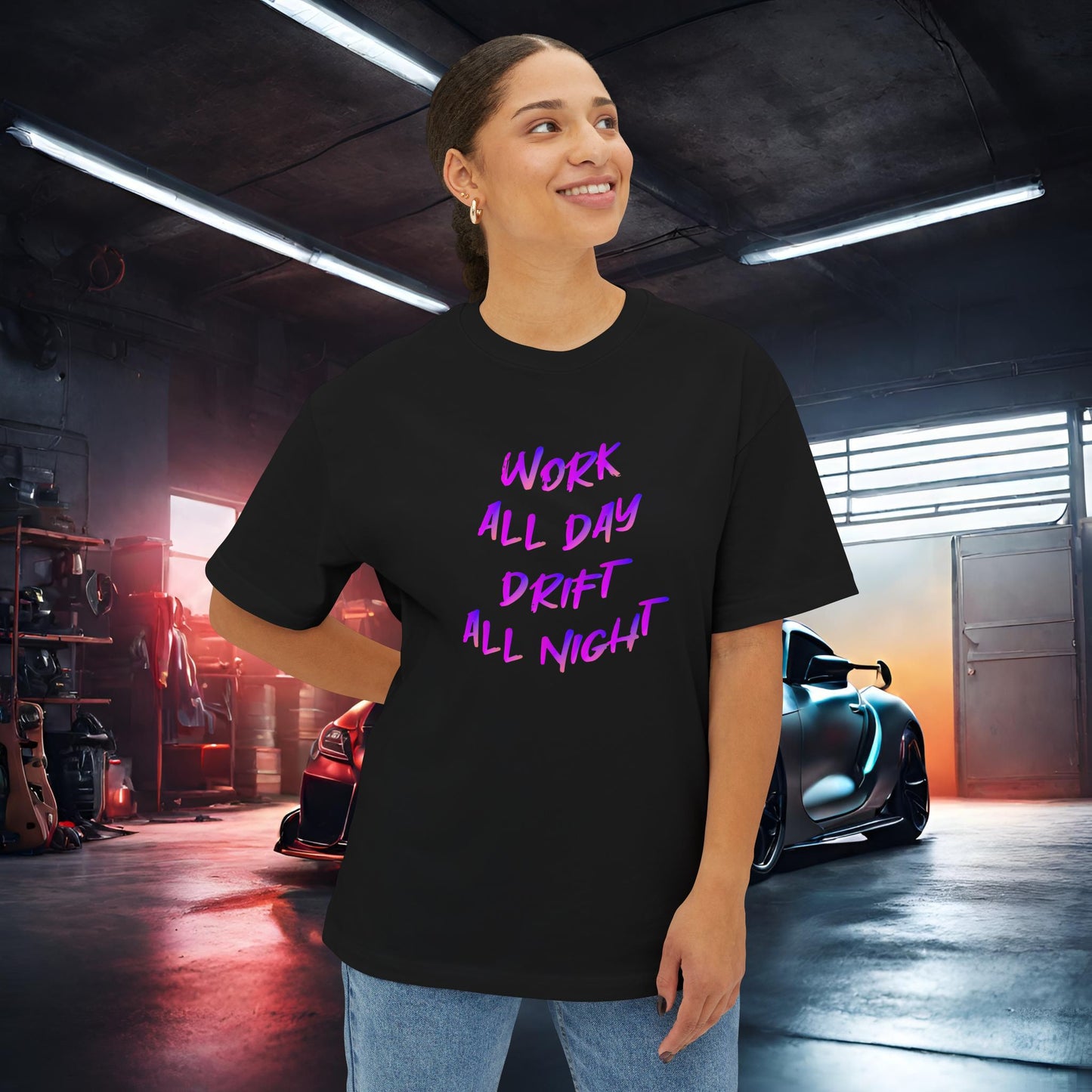 Work All Day, Drift All Night-Premium, Ultra Soft Unisex Oversized Boxy Tee Printify by The Night Shift Automotive Apparel