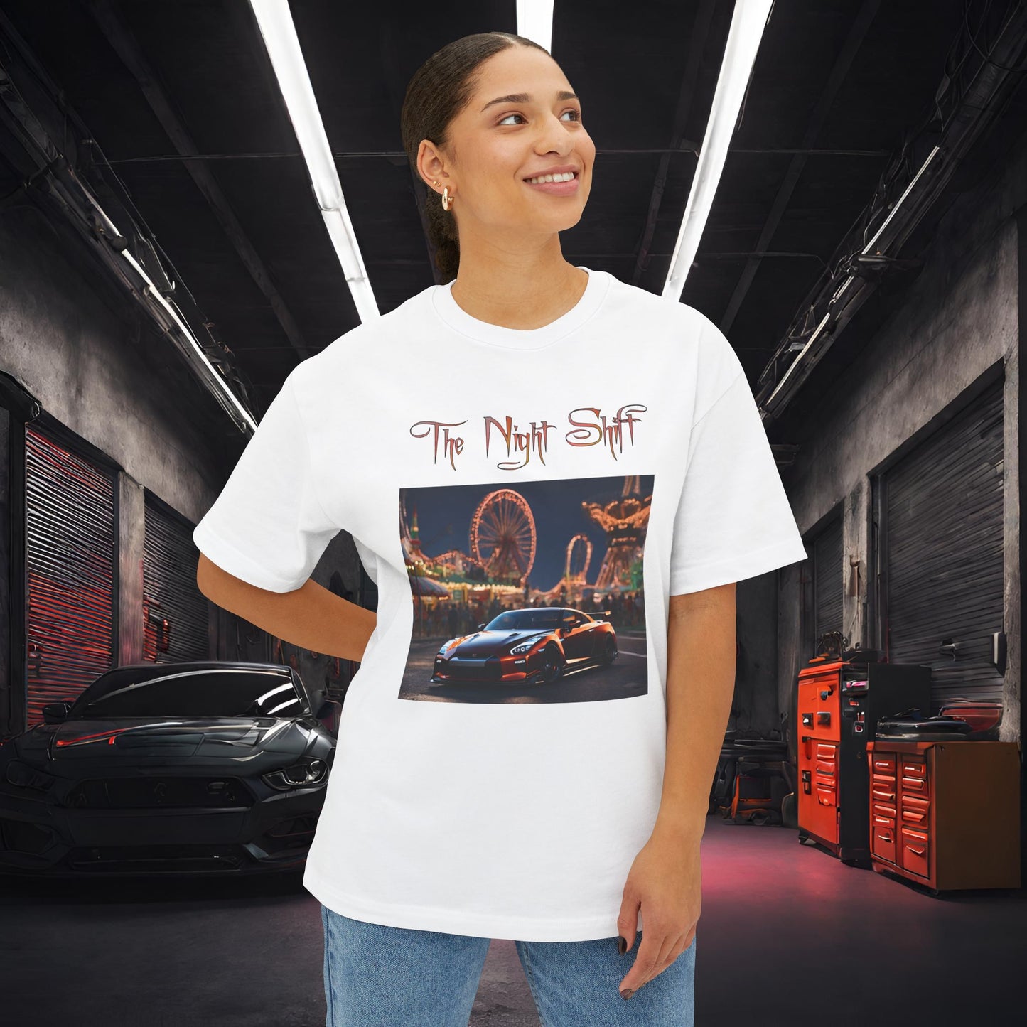 Nissan GTR R35 Amusement Park-Premium, Ultra Soft Unisex Oversized Boxy Tee Printify by The Night Shift Automotive Apparel