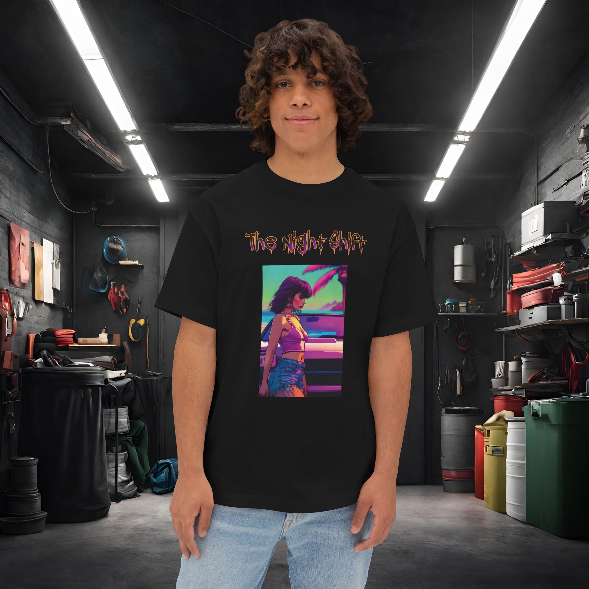 Summer Days Synthwave-Premium, Ultra Soft Unisex Oversized Boxy Tee Black Printify by The Night Shift Automotive Apparel
