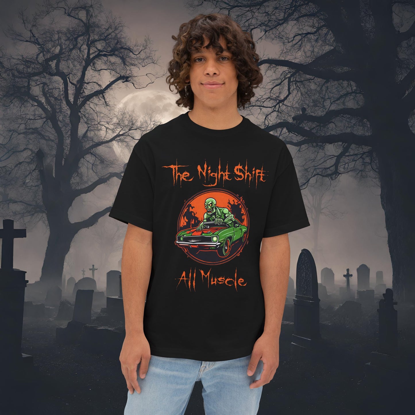 All Muscle Zombie Muscle Car-Premium, Ultra Soft Unisex Oversized Boxy Tee Black Printify by The Night Shift Automotive Apparel