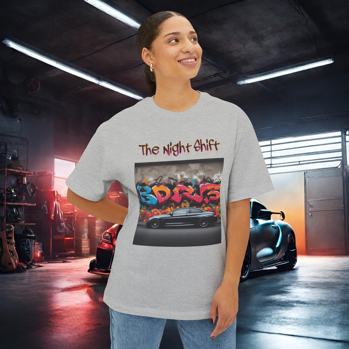 BMW M4 Graffiti-Premium, Ultra Soft Unisex Oversized Boxy Tee Printify by The Night Shift Automotive Apparel