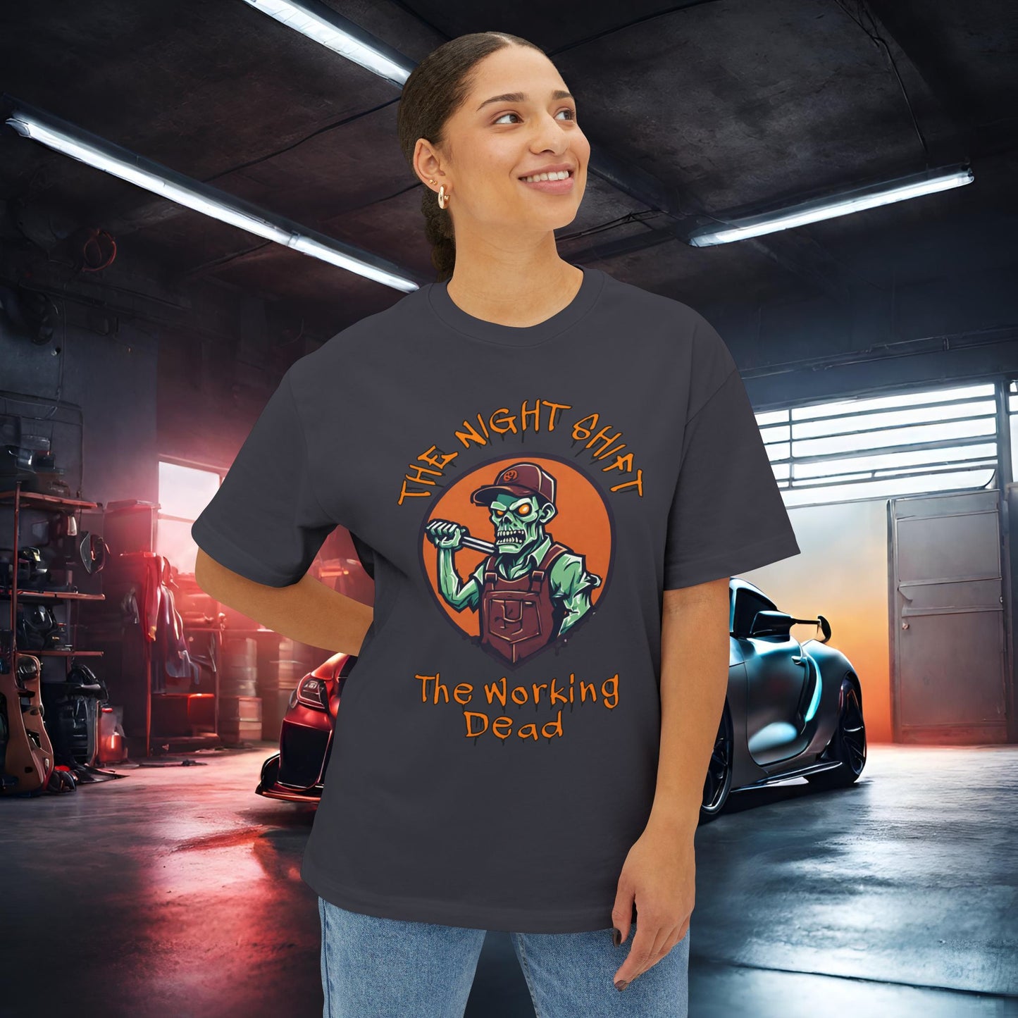The Night Shift Zombie Mechanic-Premium, Ultra Soft Unisex Oversized Boxy Tee Printify by The Night Shift Automotive Apparel