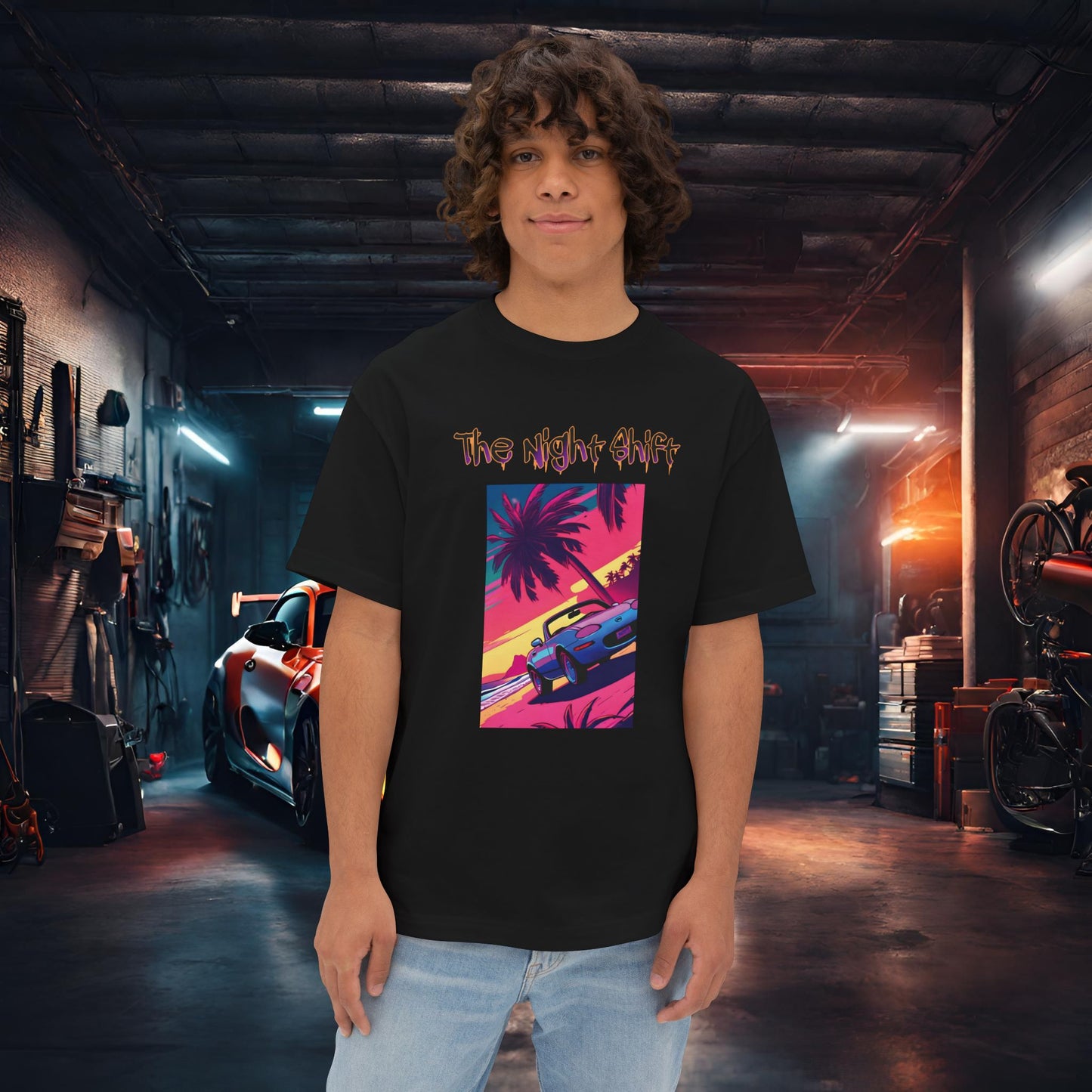 Miata Topless Beach Cruise Synthwave-Premium, Ultra Soft Unisex Oversized Boxy Tee Black Printify by The Night Shift Automotive Apparel