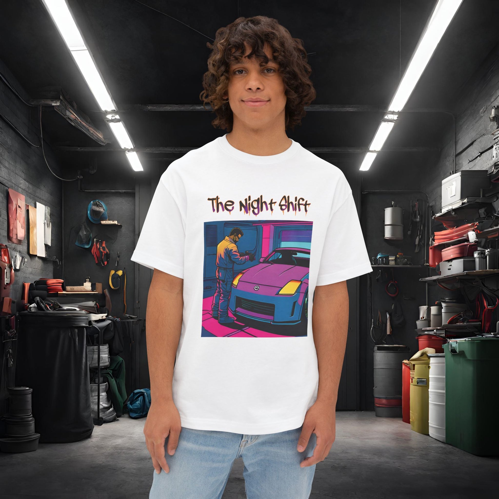 Nissan 350z Garage Queen Synthwave-Premium, Ultra Soft Unisex Oversized Boxy Tee White Printify by The Night Shift Automotive Apparel