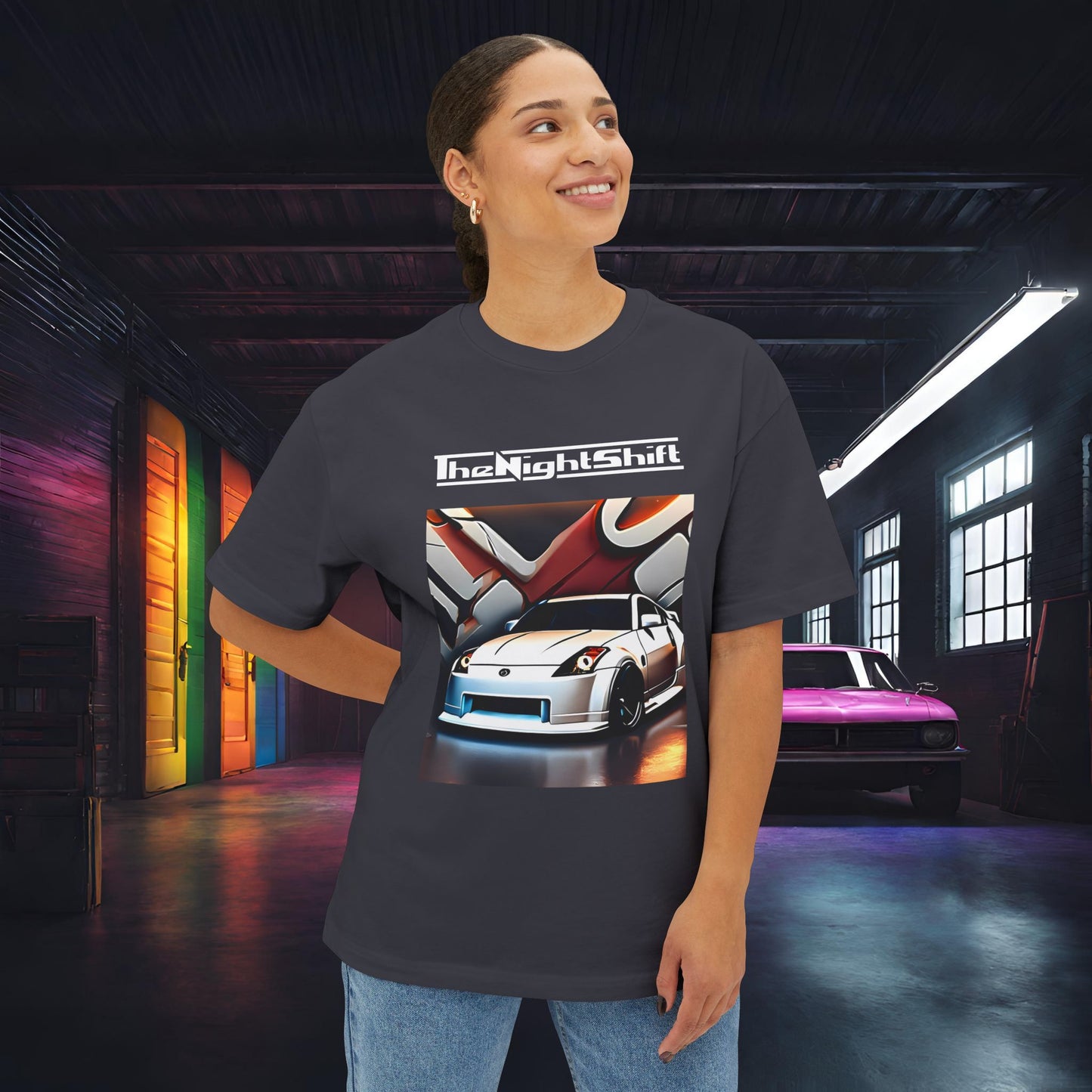 Nissan 350z Graffiti Wall-Premium, Ultra Soft, Unisex Oversized Boxy Tee Printify by The Night Shift Automotive Apparel