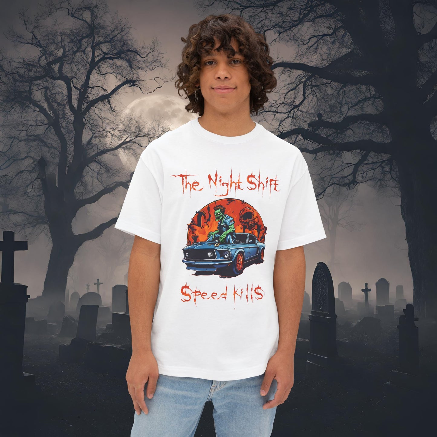 Speed Kills Zombie Mustang-Premium, Ultra Soft Unisex Oversized Boxy Tee White Printify by The Night Shift Automotive Apparel
