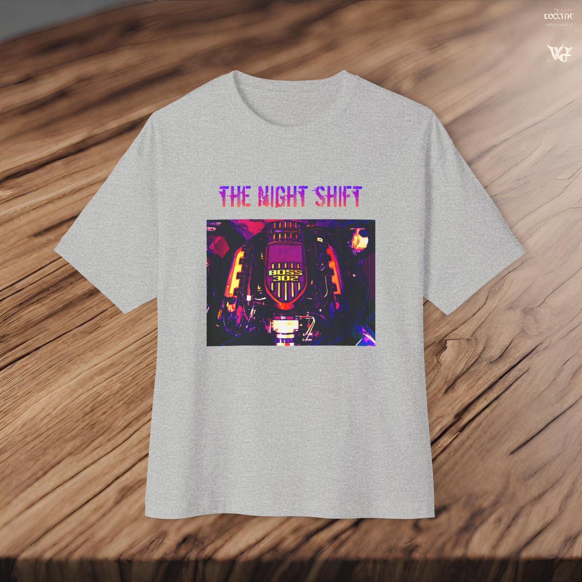 Coyote Boss 302 Synthwave-Premium, Ultra Soft Unisex Oversized Boxy Tee Printify by The Night Shift Automotive Apparel